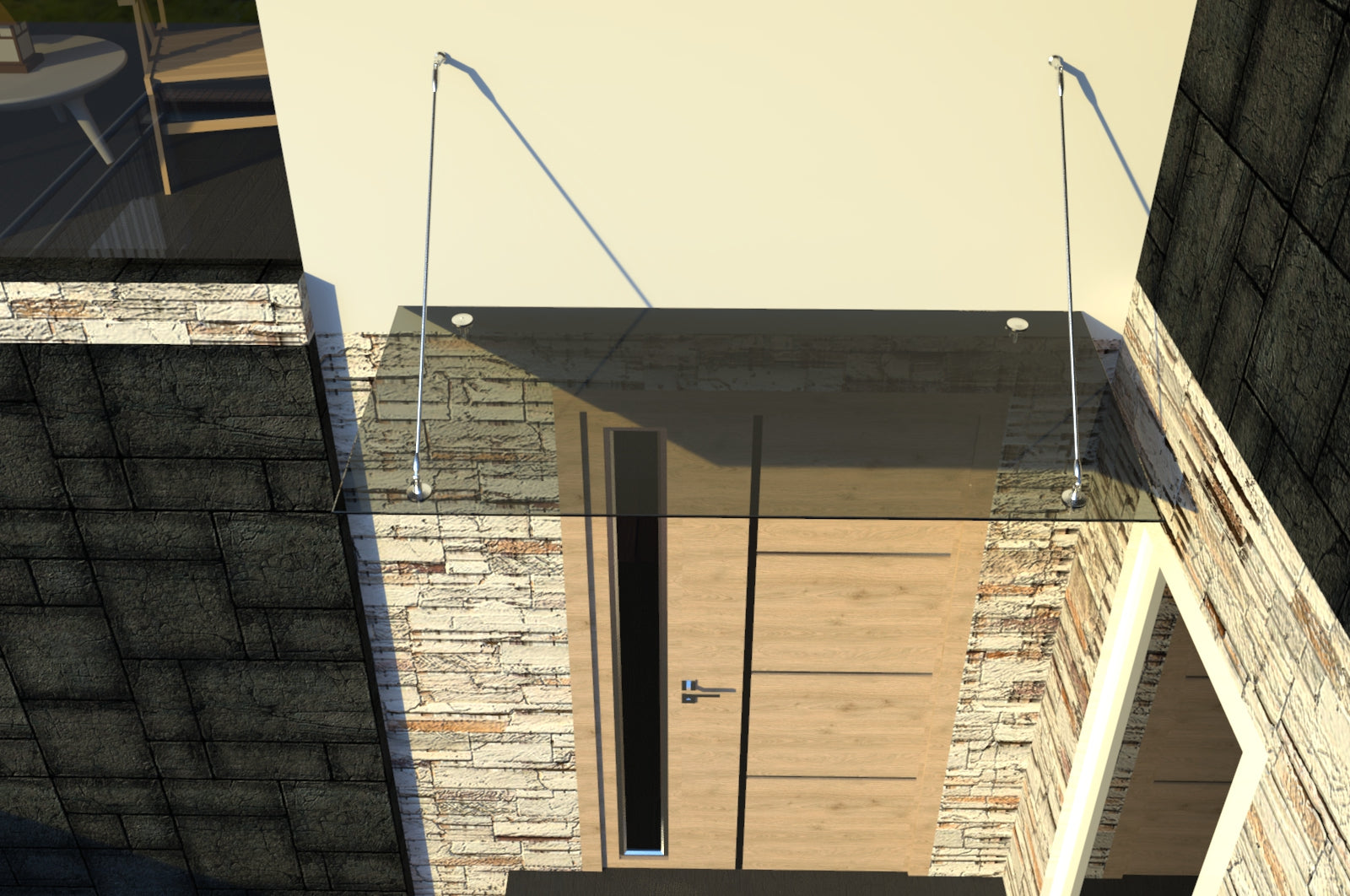 Tejadillo em Vidro Laminado de Segurança 13 mm com Suportes em Inox – Transparente, Escuro ou Satinado