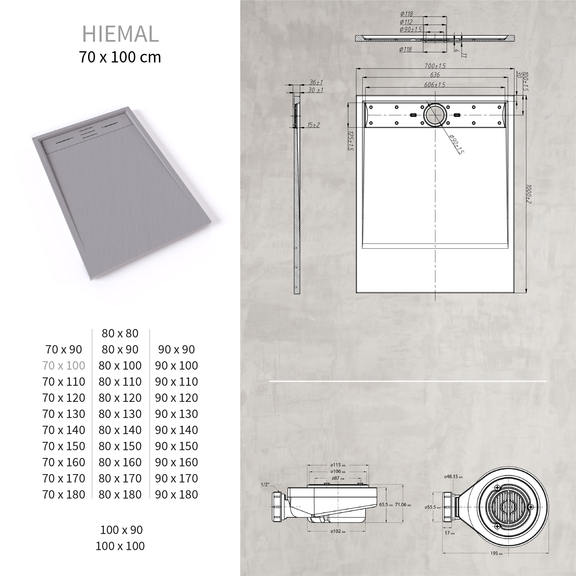 HIEMAL - Base de Duche Cinzenta Antiderrapante, Resistente, Duradouro e Fácil de Limpar - Inc. Sifão