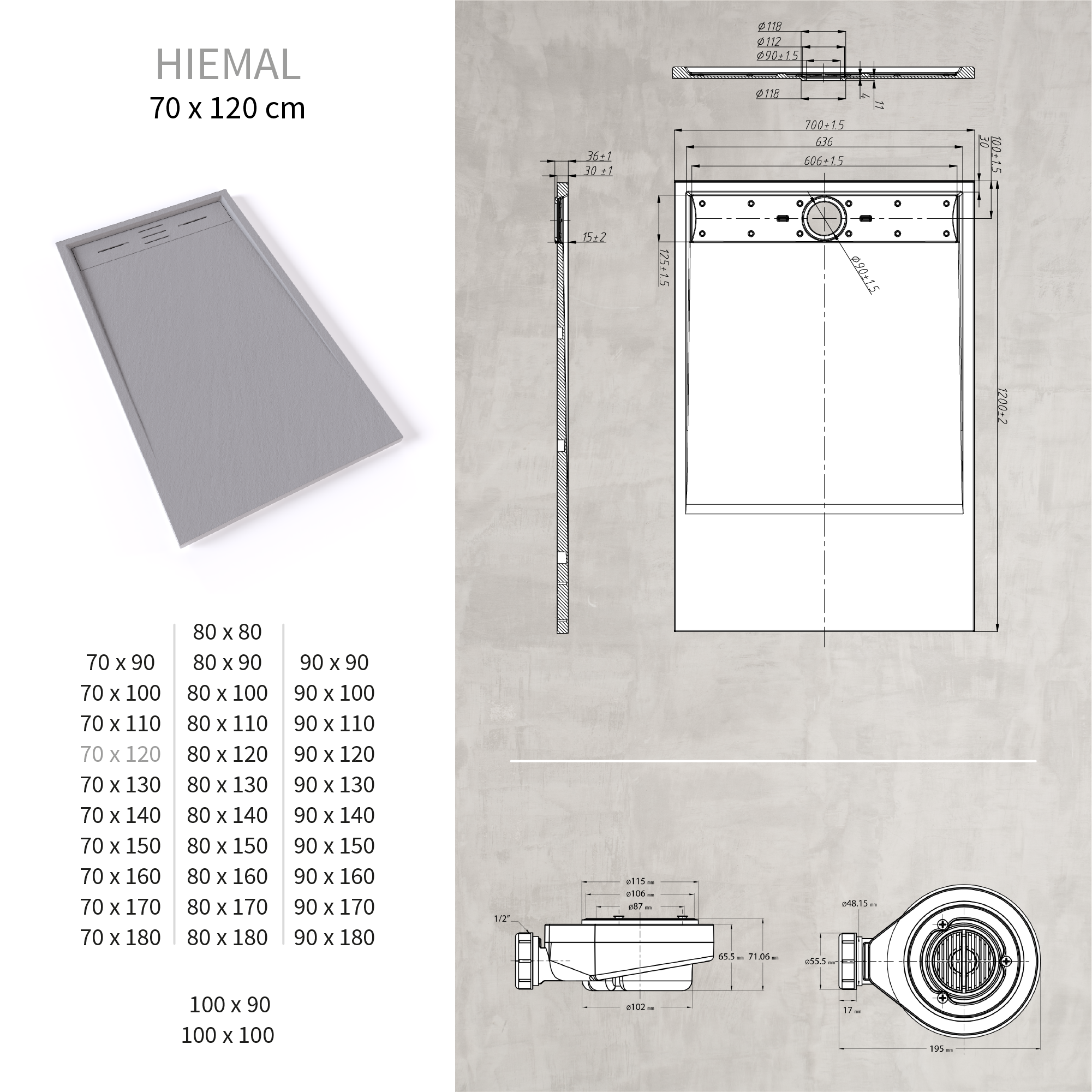 HIEMAL - Base de Duche Cinzenta Antiderrapante, Resistente, Duradouro e Fácil de Limpar - Inc. Sifão