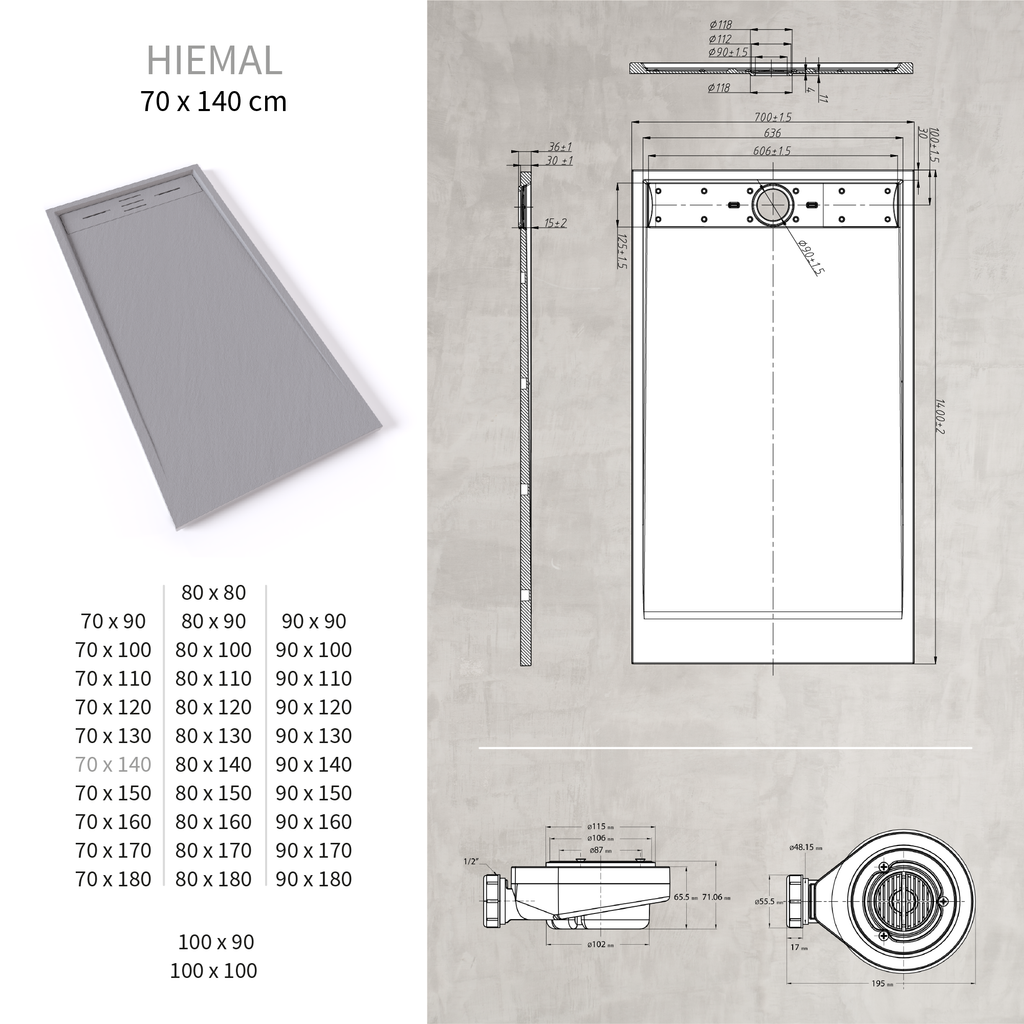 HIEMAL - Base de Duche Cinzenta Antiderrapante, Resistente, Duradouro e Fácil de Limpar - Inc. Sifão