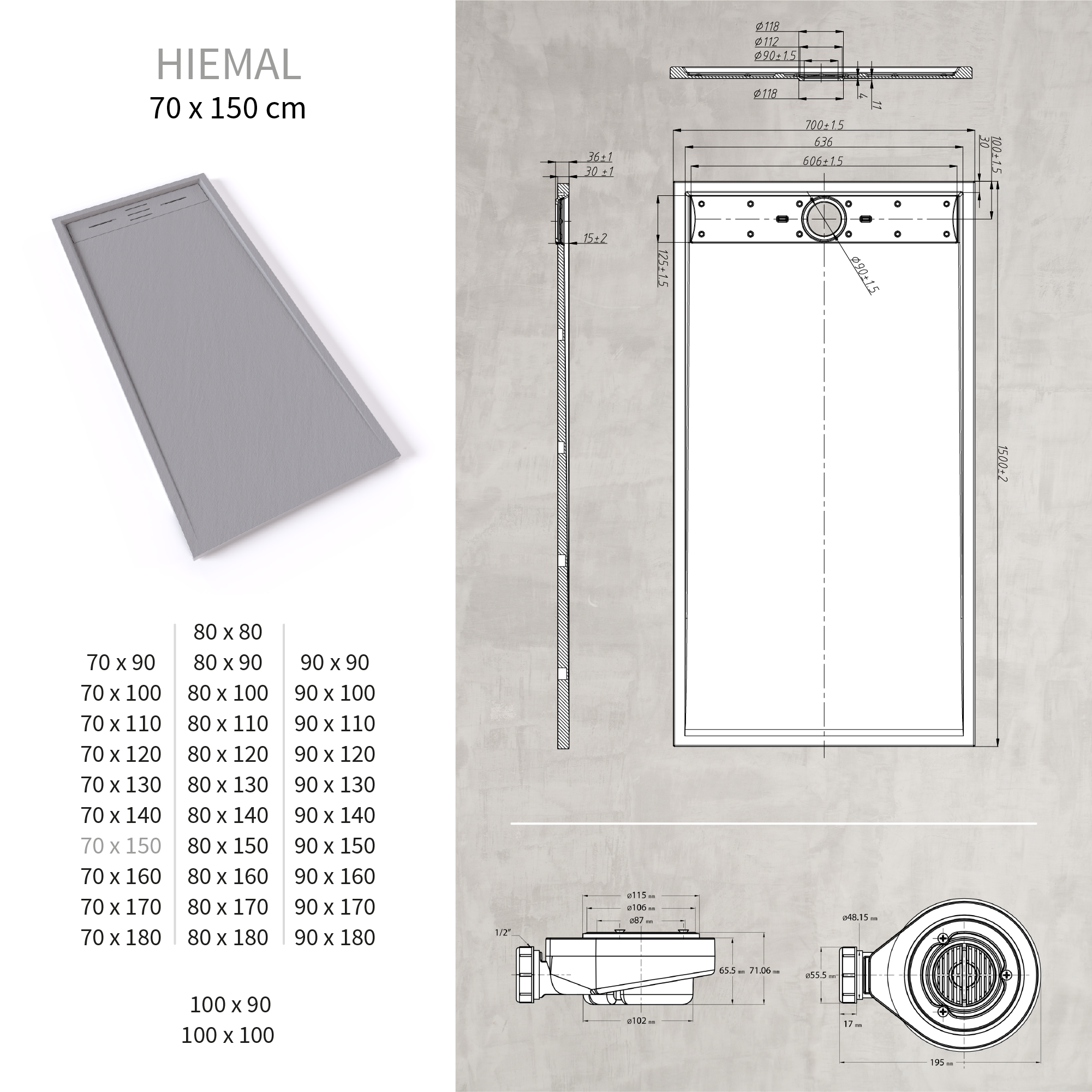 HIEMAL - Base de Duche Cinzenta Antiderrapante, Resistente, Duradouro e Fácil de Limpar - Inc. Sifão