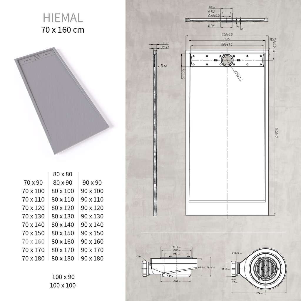 HIEMAL - Base de Duche Cinzenta Antiderrapante, Resistente, Duradouro e Fácil de Limpar - Inc. Sifão