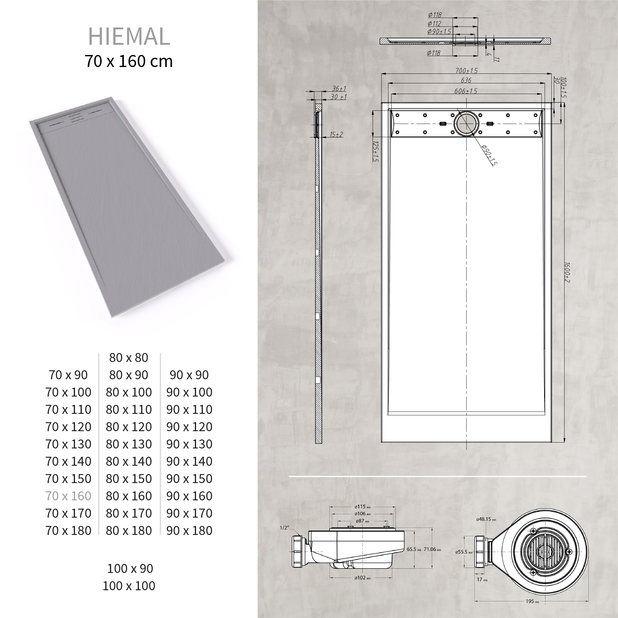 HIEMAL - Base de Duche Cinzenta Antiderrapante, Resistente, Duradouro e Fácil de Limpar - Inc. Sifão