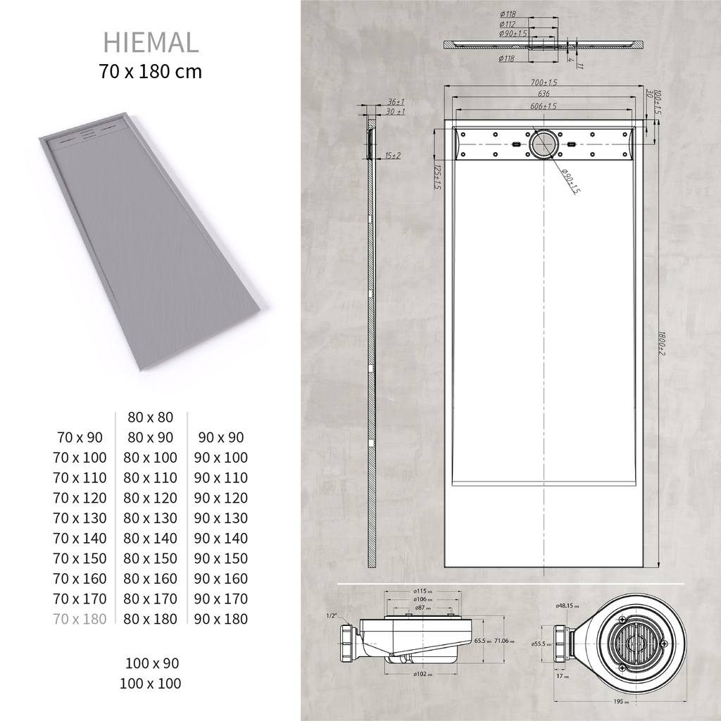 HIEMAL - Base de Duche Cinzenta Antiderrapante, Resistente, Duradouro e Fácil de Limpar - Inc. Sifão