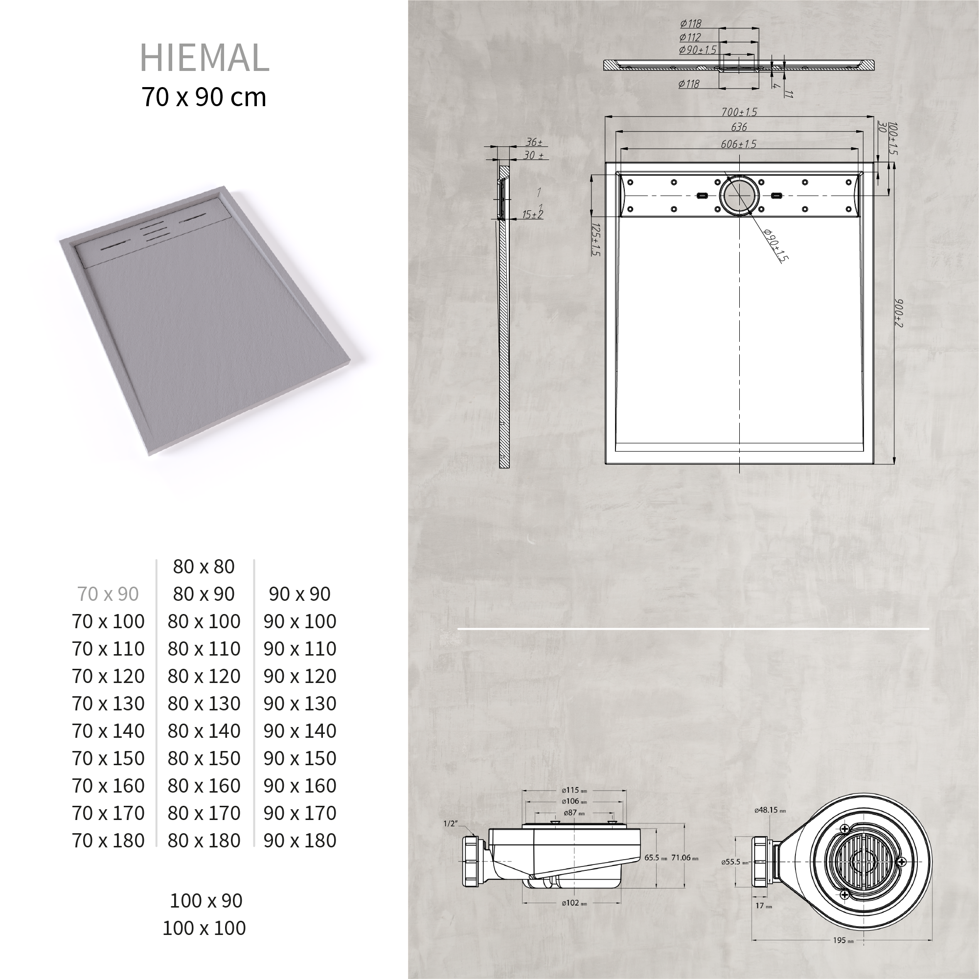 HIEMAL - Base de Duche Cinzenta Antiderrapante, Resistente, Duradouro e Fácil de Limpar - Inc. Sifão