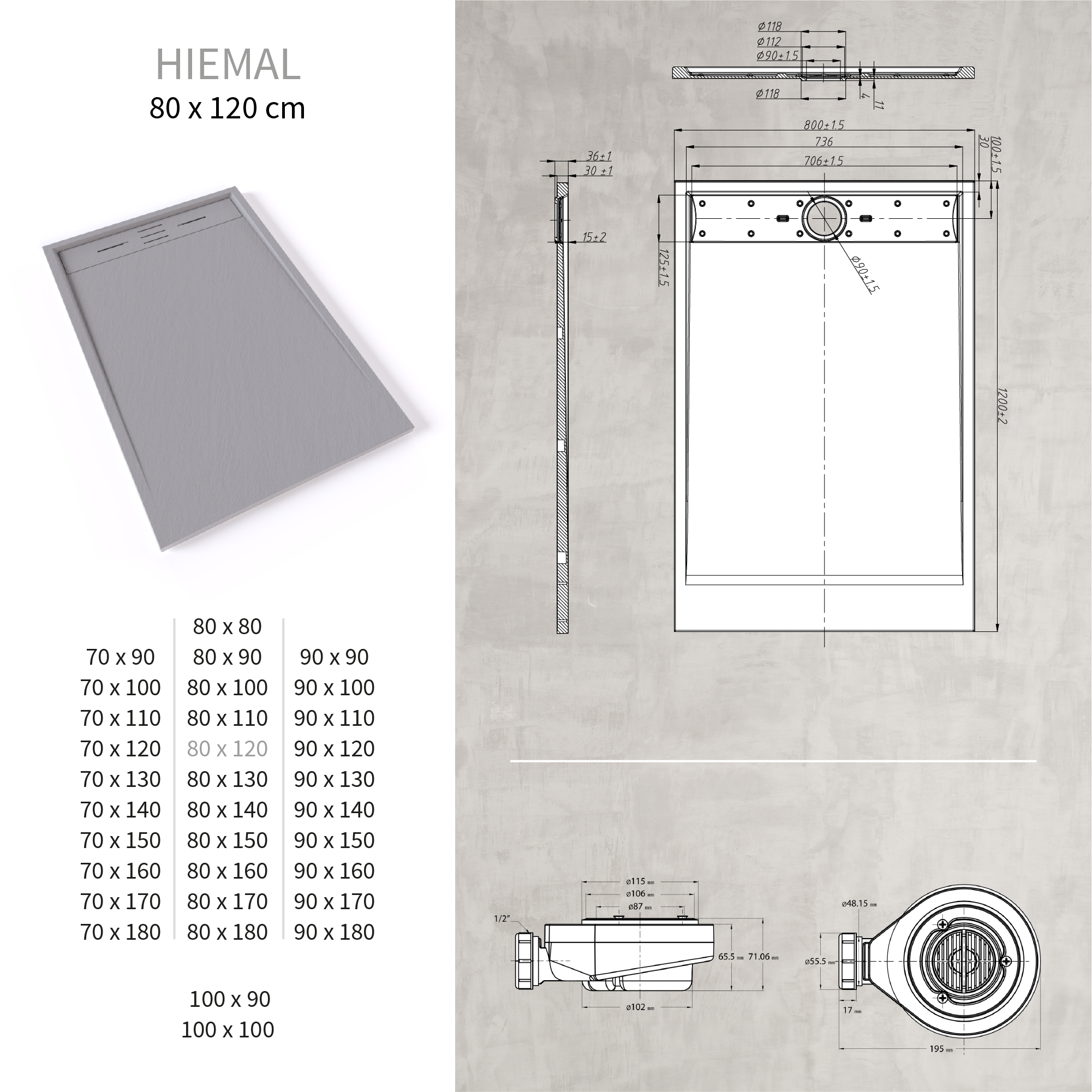 HIEMAL - Base de Duche Cinzenta Antiderrapante, Resistente, Duradouro e Fácil de Limpar - Inc. Sifão