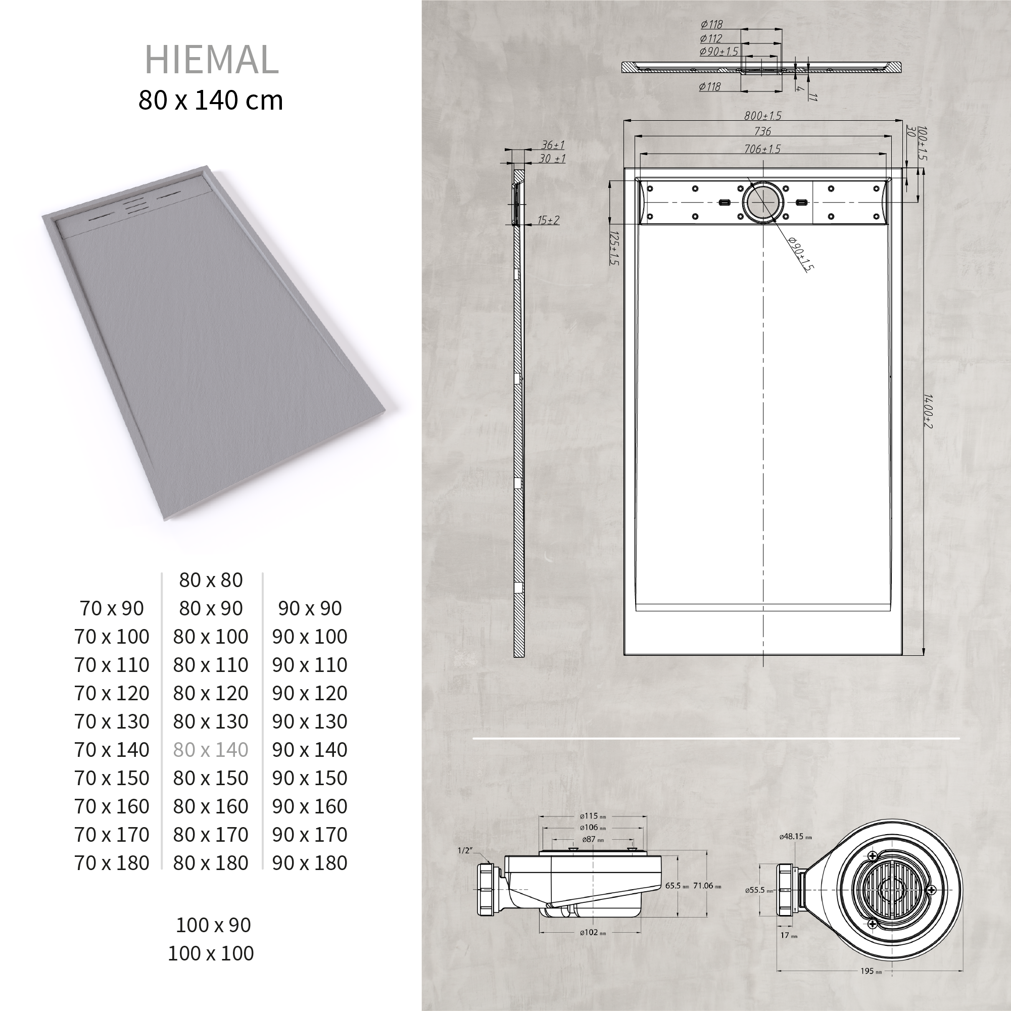 HIEMAL - Base de Duche Cinzenta Antiderrapante, Resistente, Duradouro e Fácil de Limpar - Inc. Sifão