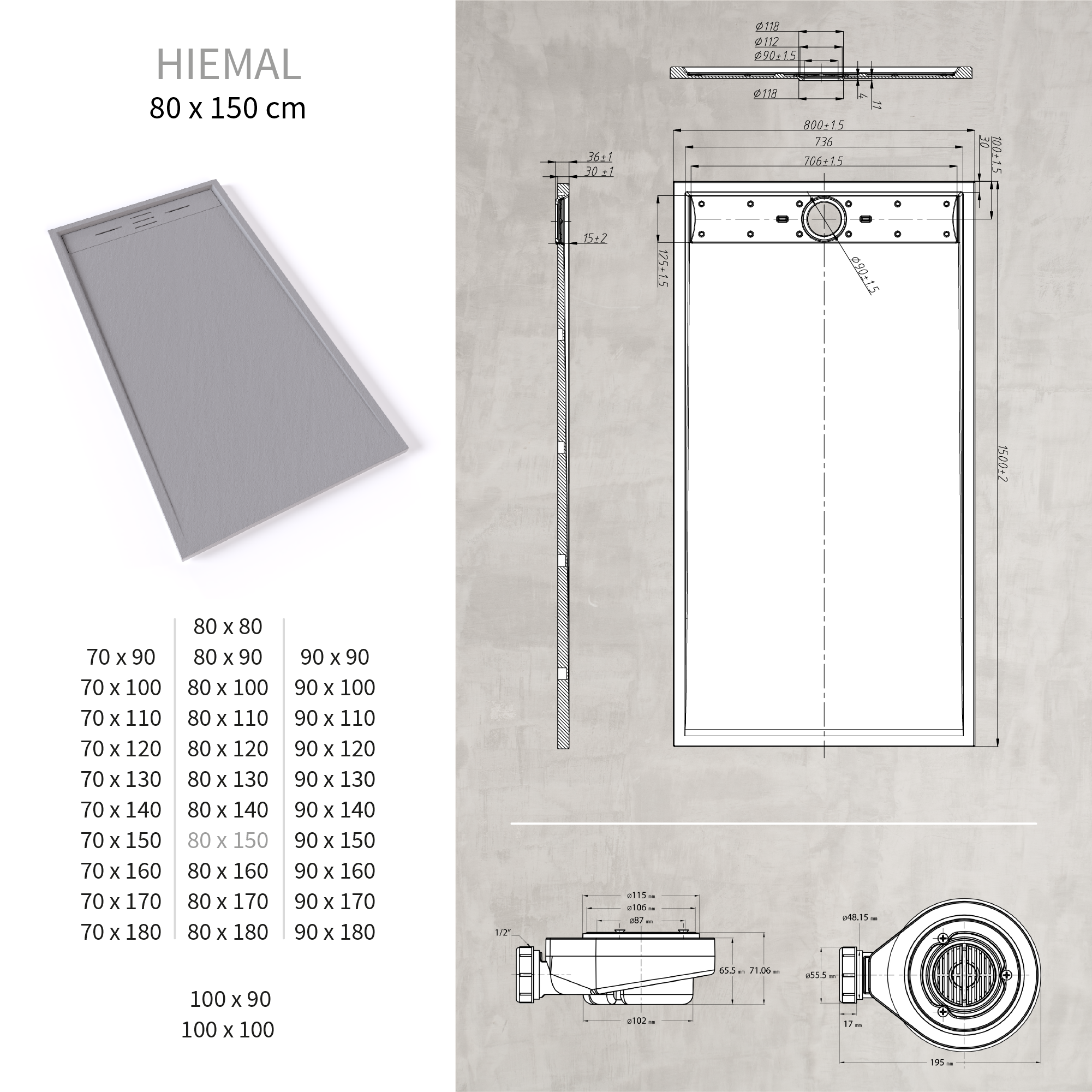 HIEMAL - Base de Duche Cinzenta Antiderrapante, Resistente, Duradouro e Fácil de Limpar - Inc. Sifão