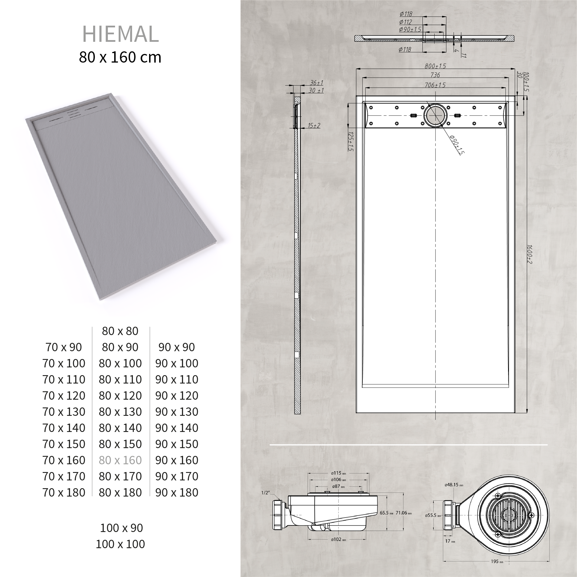 HIEMAL - Base de Duche Cinzenta Antiderrapante, Resistente, Duradouro e Fácil de Limpar - Inc. Sifão