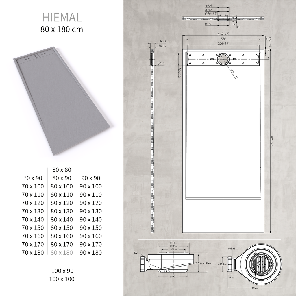 HIEMAL - Base de Duche Cinzenta Antiderrapante, Resistente, Duradouro e Fácil de Limpar - Inc. Sifão