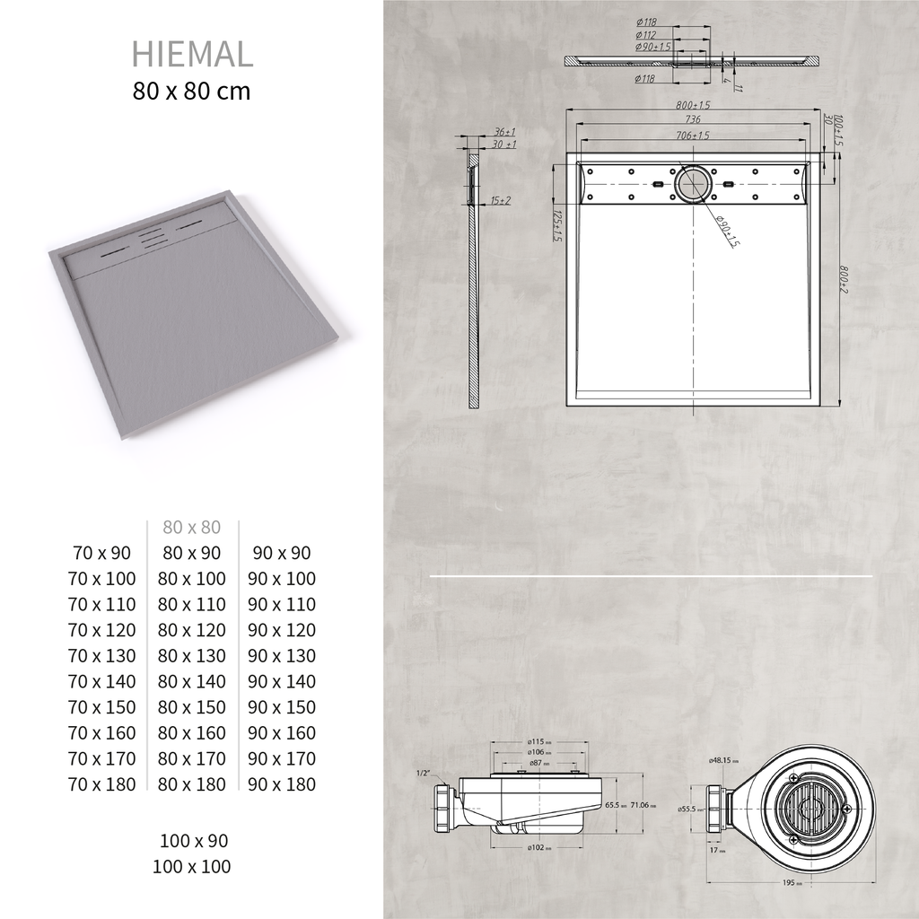HIEMAL - Base de Duche Cinzenta Antiderrapante, Resistente, Duradouro e Fácil de Limpar - Inc. Sifão
