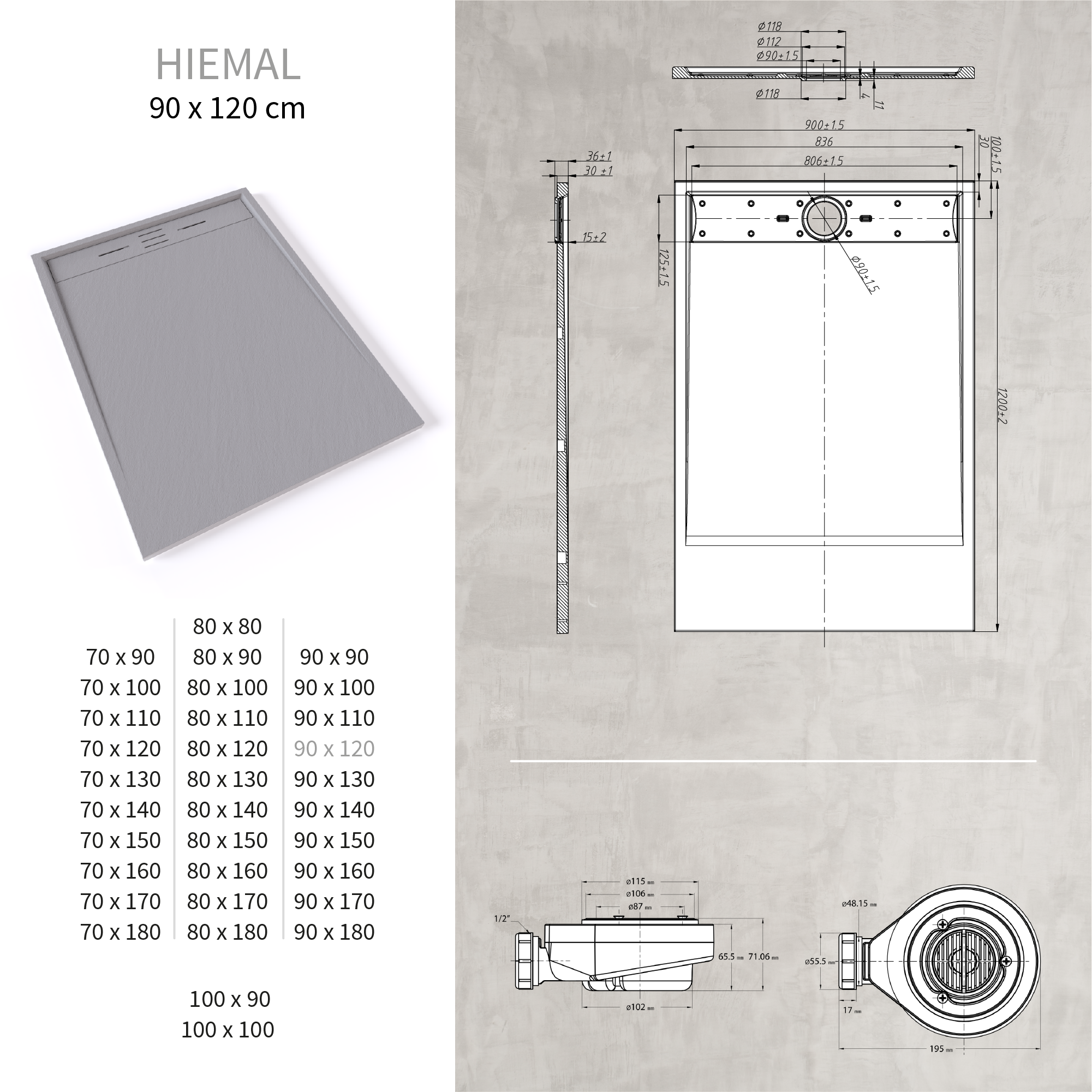 HIEMAL - Base de Duche Cinzenta Antiderrapante, Resistente, Duradouro e Fácil de Limpar - Inc. Sifão