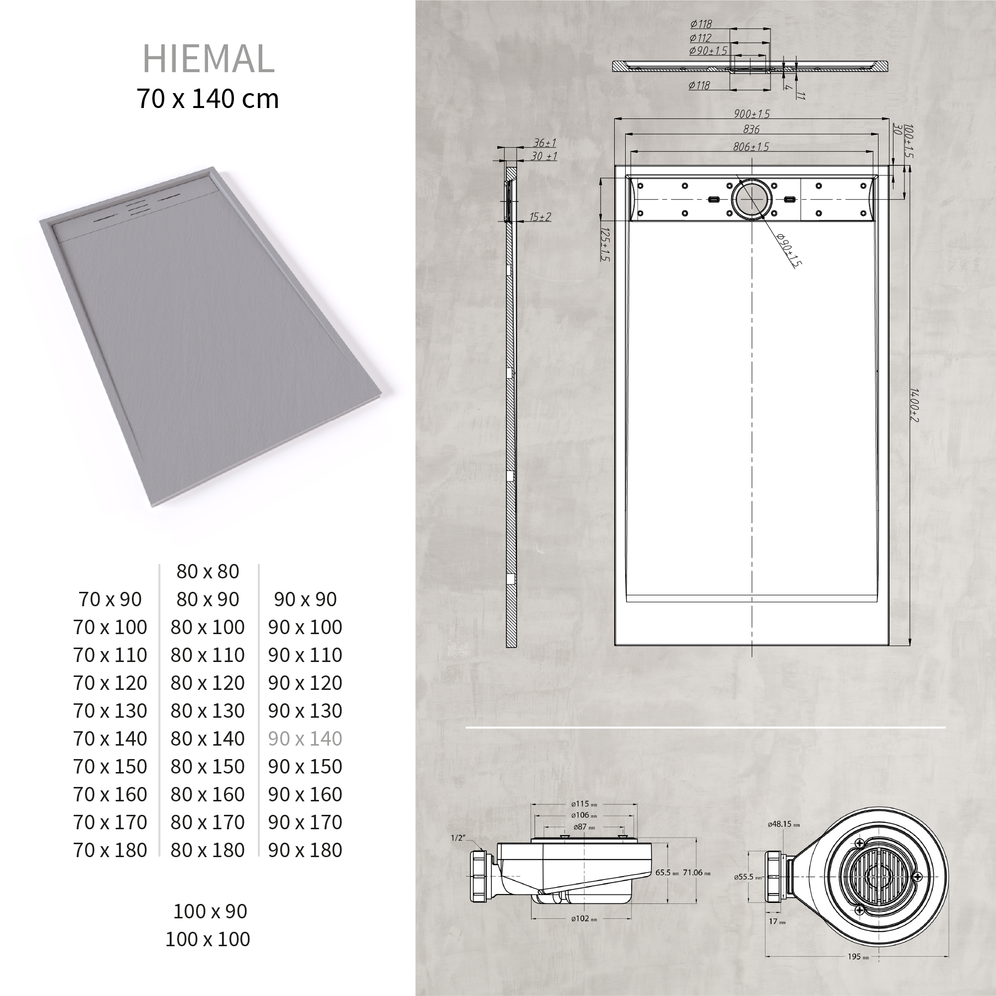 HIEMAL - Base de Duche Cinzenta Antiderrapante, Resistente, Duradouro e Fácil de Limpar - Inc. Sifão