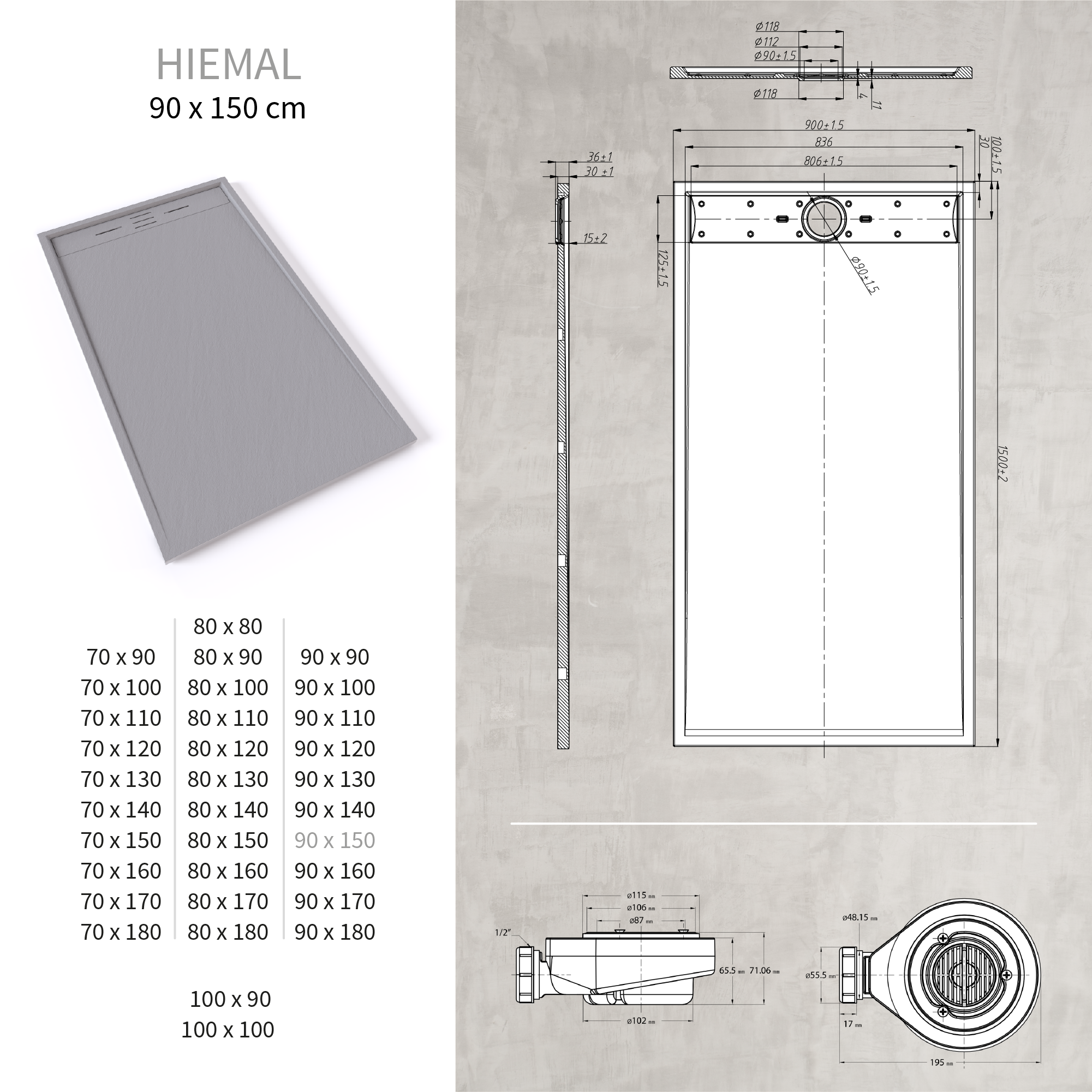 HIEMAL - Base de Duche Cinzenta Antiderrapante, Resistente, Duradouro e Fácil de Limpar - Inc. Sifão