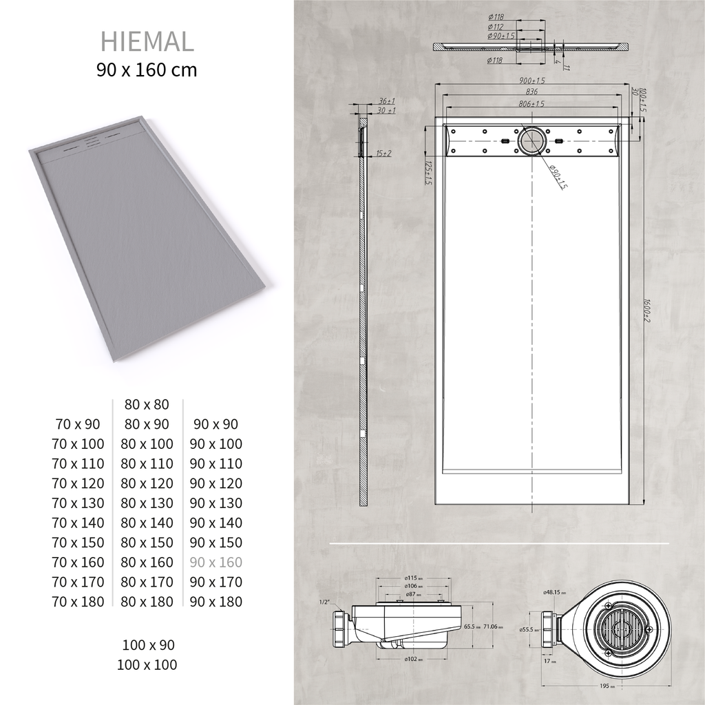 HIEMAL - Base de Duche Cinzenta Antiderrapante, Resistente, Duradouro e Fácil de Limpar - Inc. Sifão