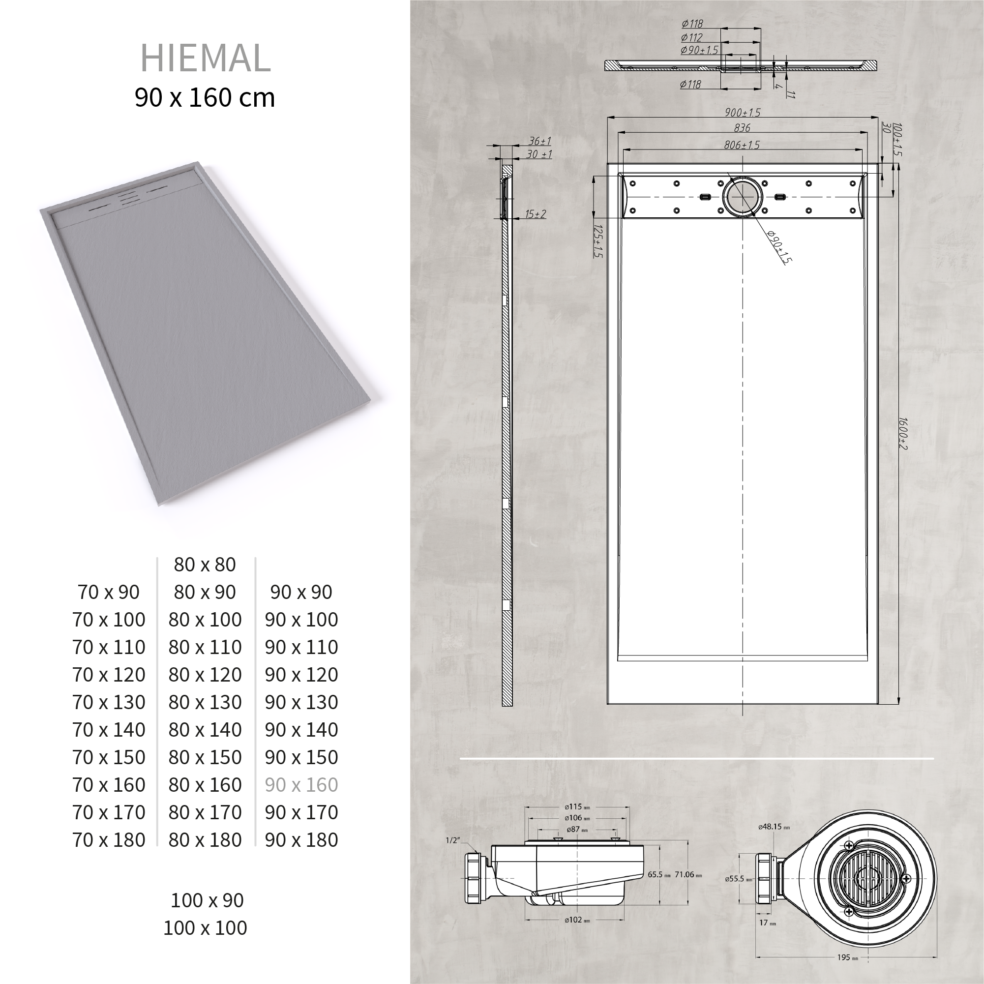 HIEMAL - Base de Duche Cinzenta Antiderrapante, Resistente, Duradouro e Fácil de Limpar - Inc. Sifão
