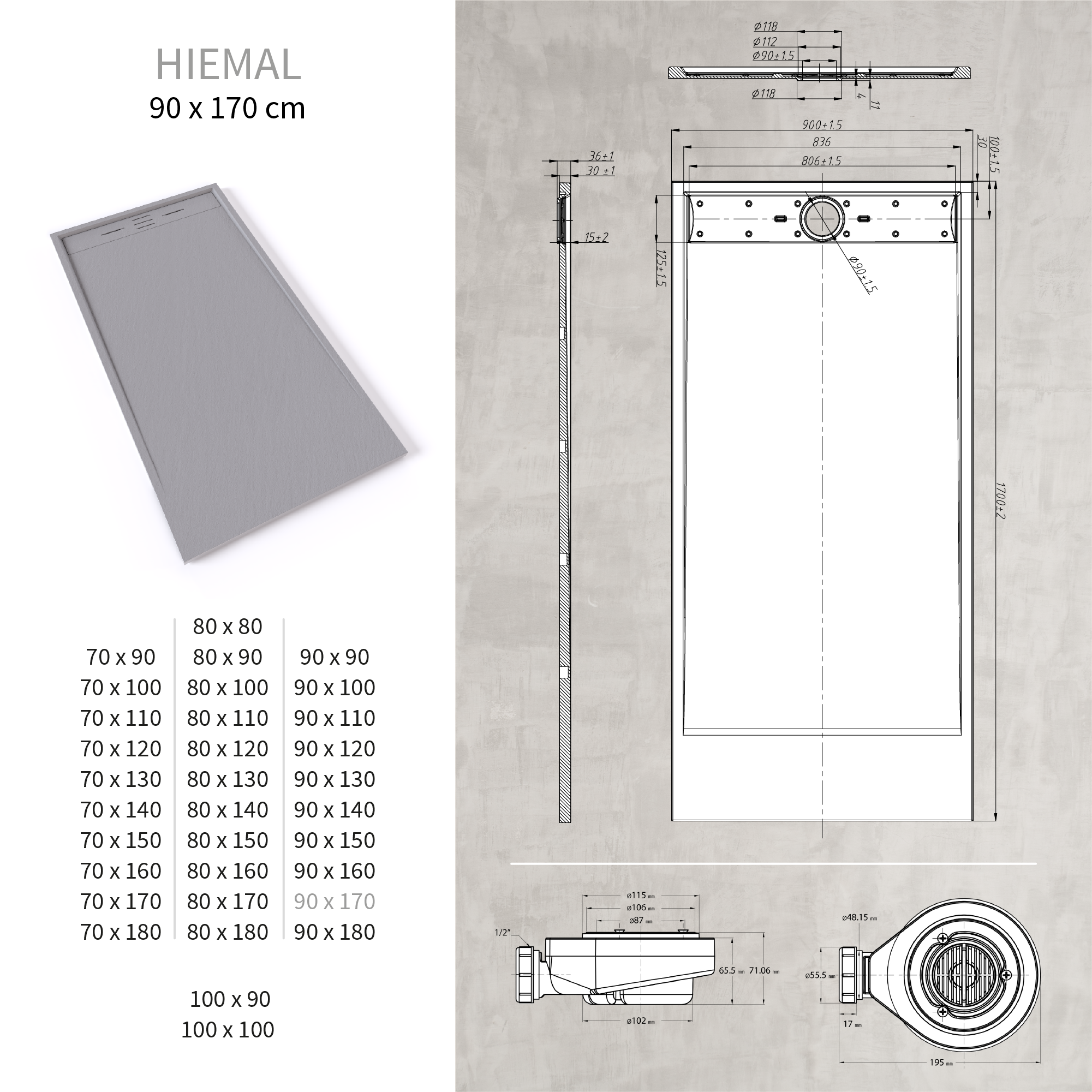 HIEMAL - Base de Duche Cinzenta Antiderrapante, Resistente, Duradouro e Fácil de Limpar - Inc. Sifão