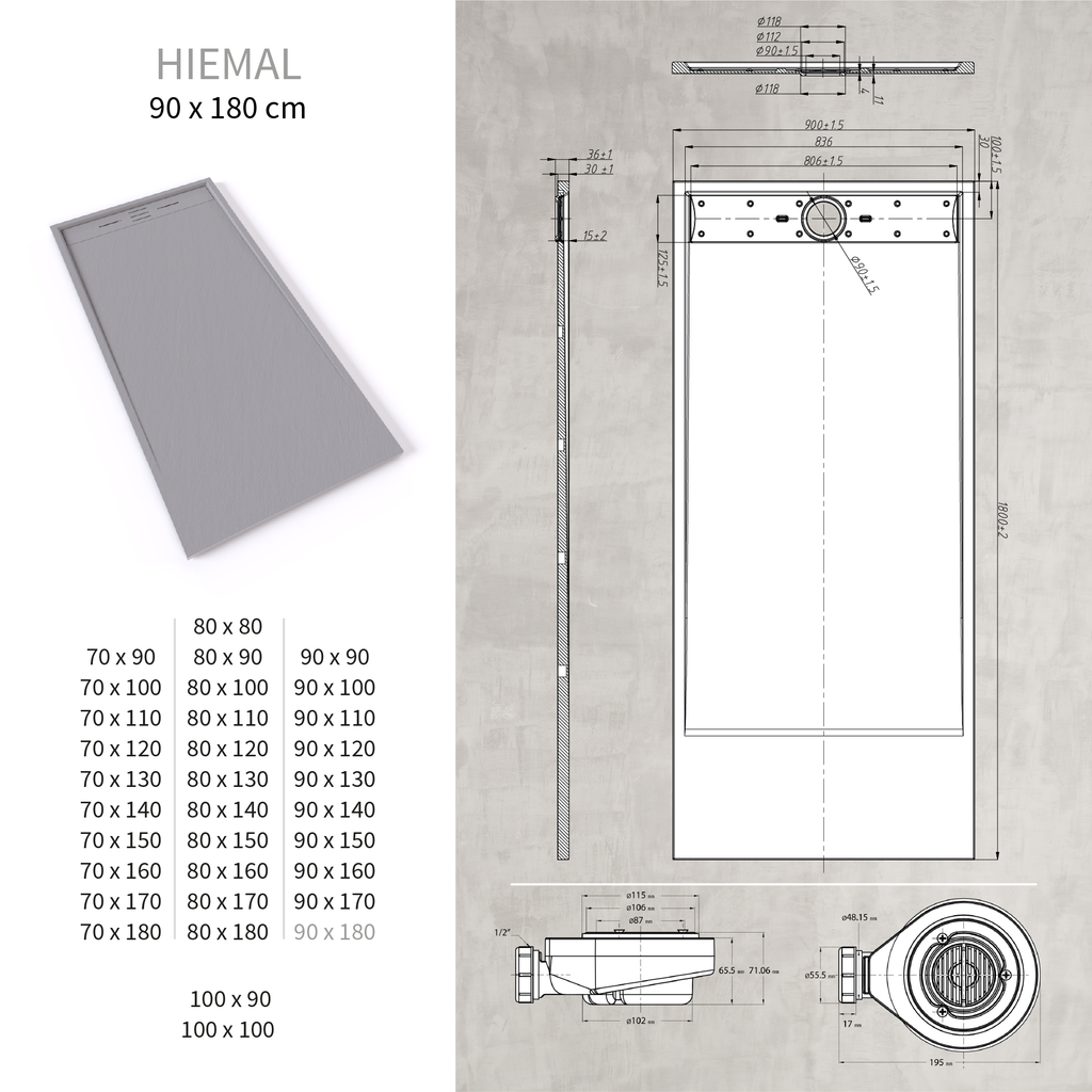 HIEMAL - Base de Duche Cinzenta Antiderrapante, Resistente, Duradouro e Fácil de Limpar - Inc. Sifão