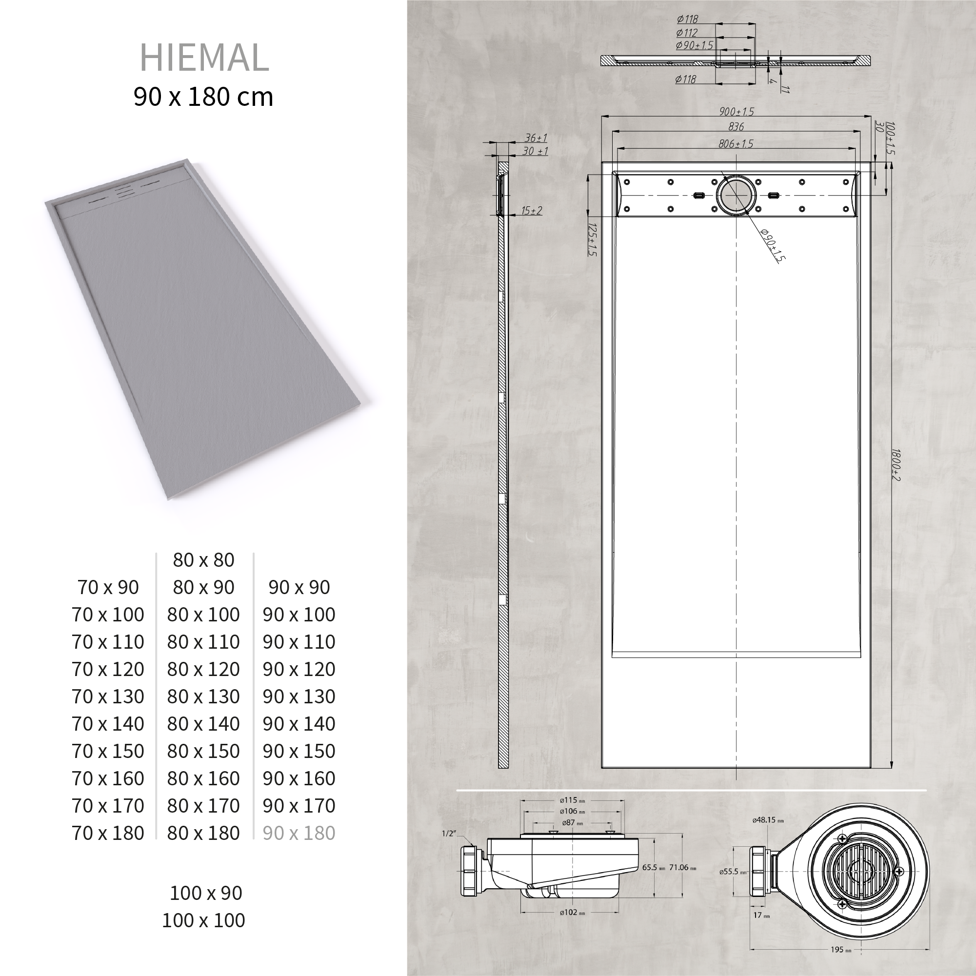 HIEMAL - Base de Duche Cinzenta Antiderrapante, Resistente, Duradouro e Fácil de Limpar - Inc. Sifão