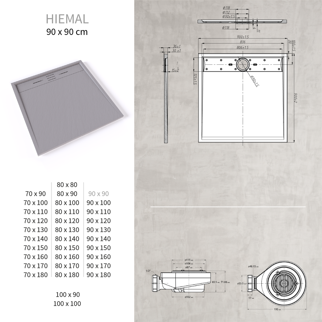 HIEMAL - Base de Duche Cinzenta Antiderrapante, Resistente, Duradouro e Fácil de Limpar - Inc. Sifão