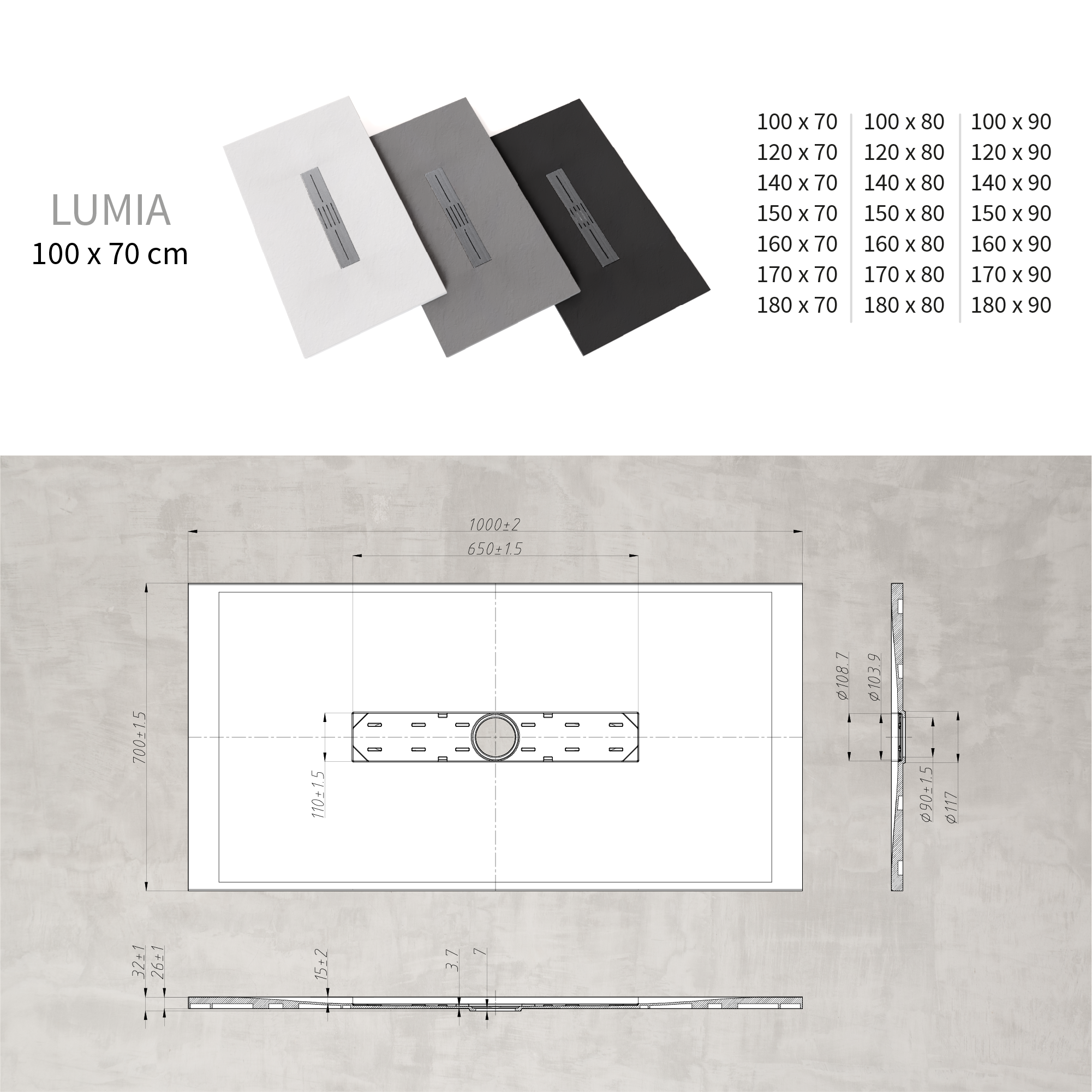 LUMIA - Base de Duche Cinzenta Antiderrapante, Resistente, Duradouro - Inc. Sifão e Grelha de Inox