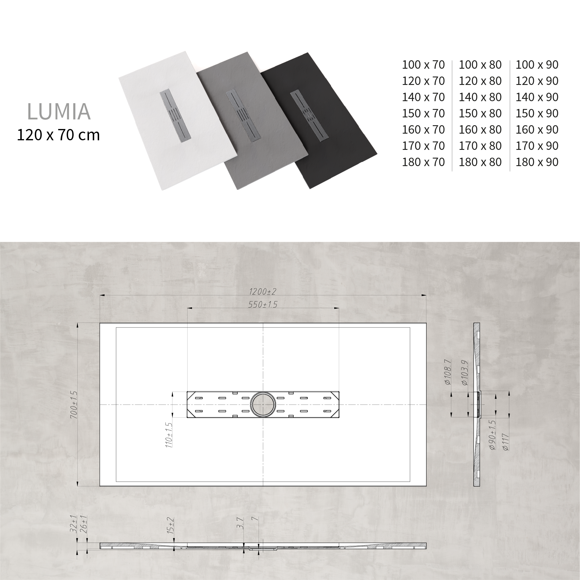 LUMIA - Base de Duche Cinzenta Antiderrapante, Resistente, Duradouro - Inc. Sifão e Grelha de Inox