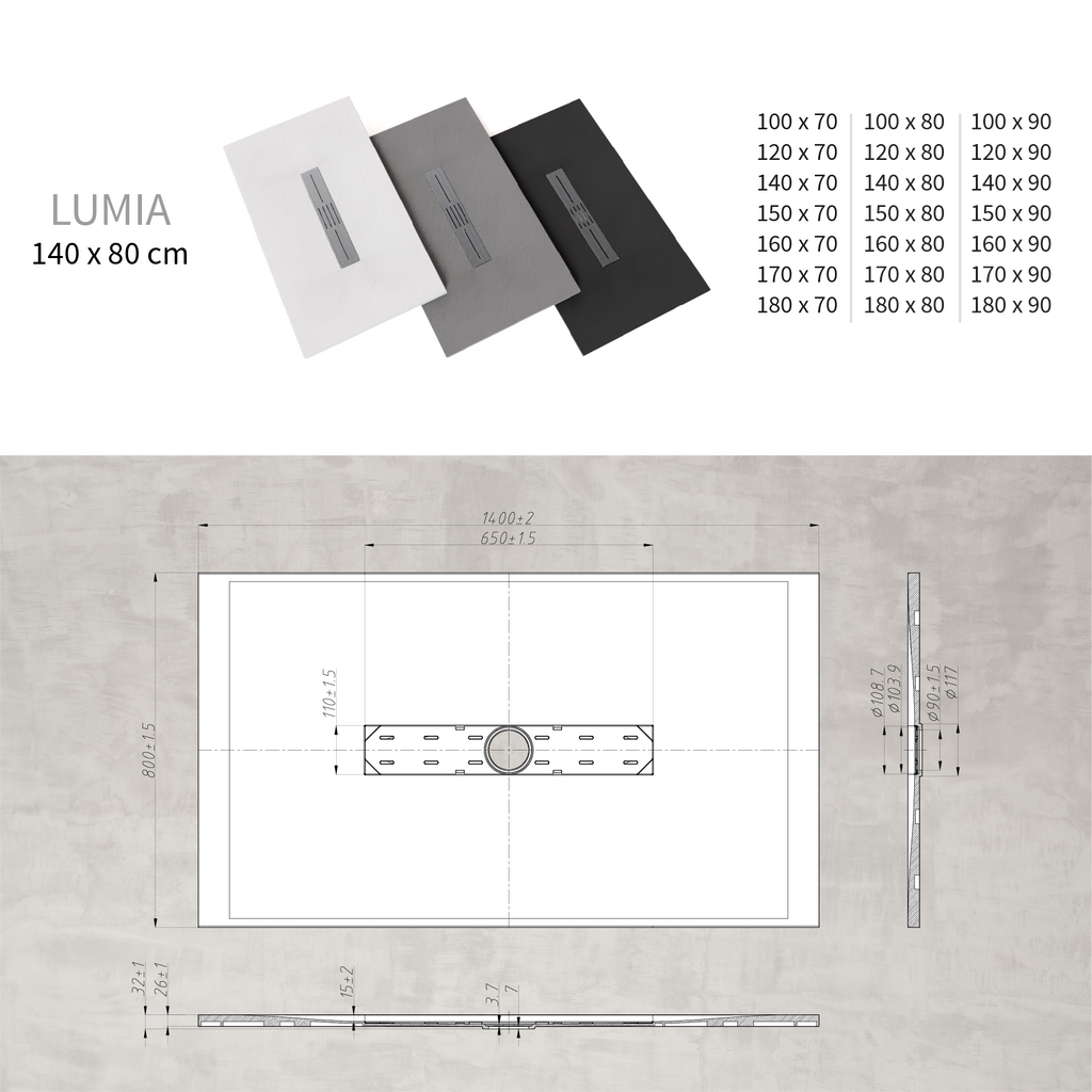 LUMIA - Base de Duche Preta Antiderrapante, Resistente, Duradouro - Inc. Sifão e Grelha de Inox