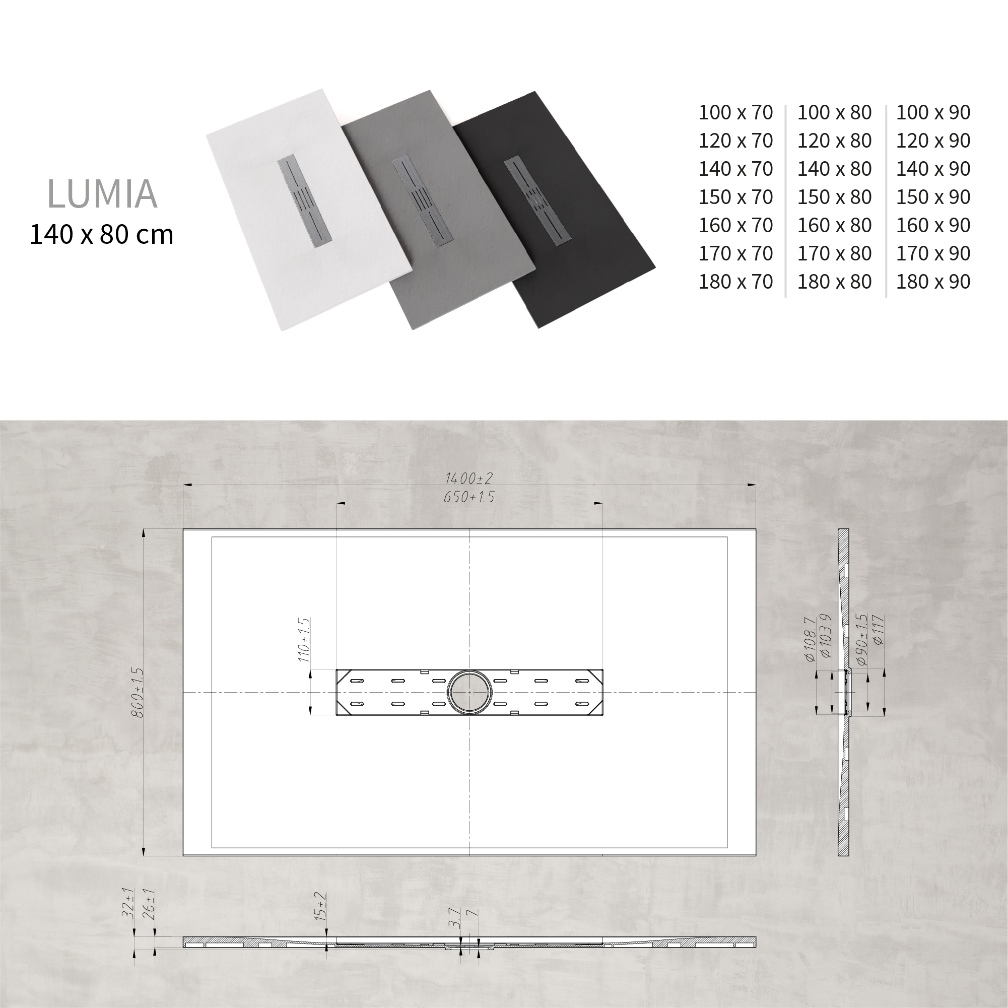 LUMIA - Base de Duche Preta Antiderrapante, Resistente, Duradouro - Inc. Sifão e Grelha de Inox