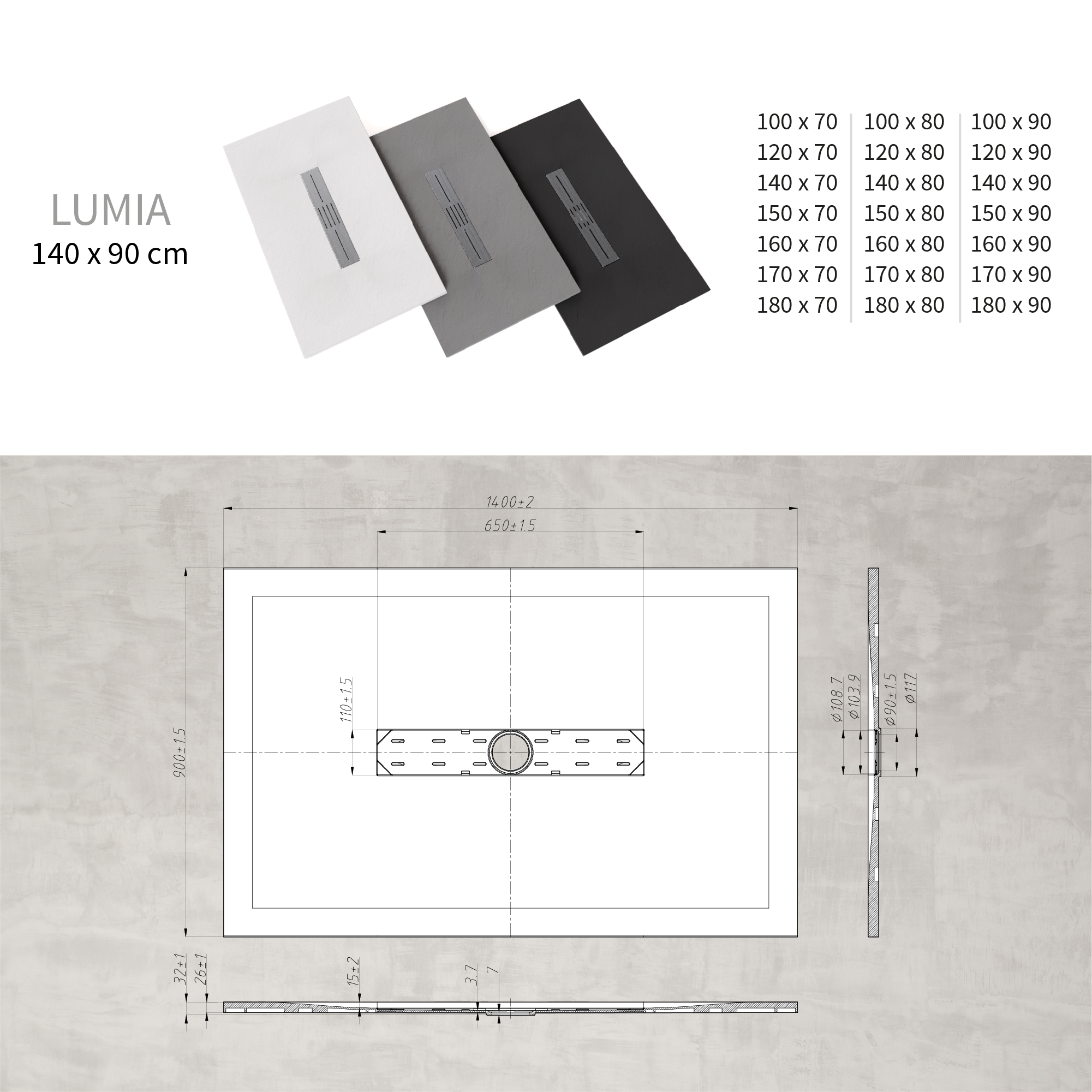 LUMIA - Base de Duche Cinzenta Antiderrapante, Resistente, Duradouro - Inc. Sifão e Grelha de Inox
