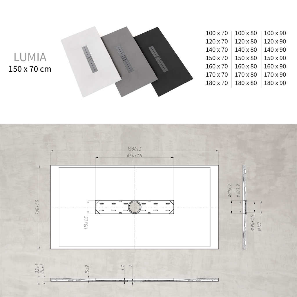 LUMIA - Base de Duche Preta Antiderrapante, Resistente, Duradouro - Inc. Sifão e Grelha de Inox