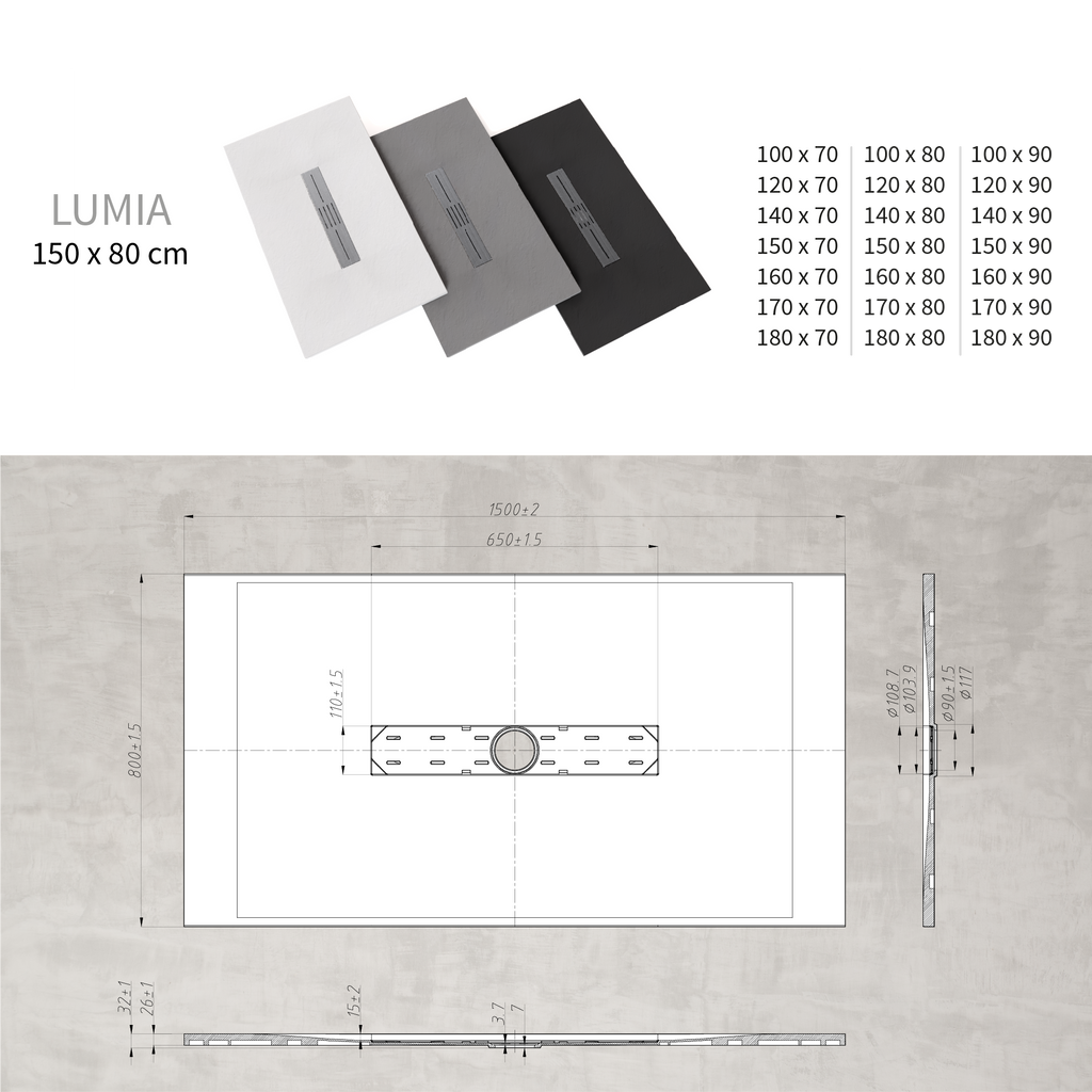 LUMIA - Base de Duche Cinzenta Antiderrapante, Resistente, Duradouro - Inc. Sifão e Grelha de Inox
