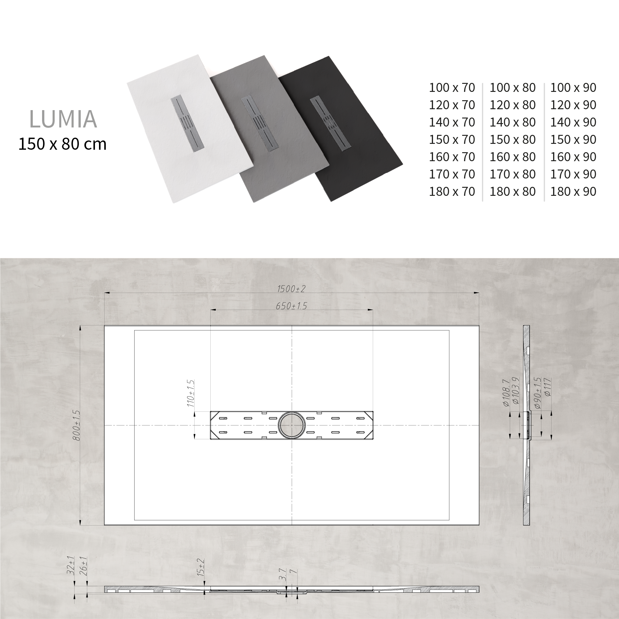 LUMIA - Base de Duche Cinzenta Antiderrapante, Resistente, Duradouro - Inc. Sifão e Grelha de Inox