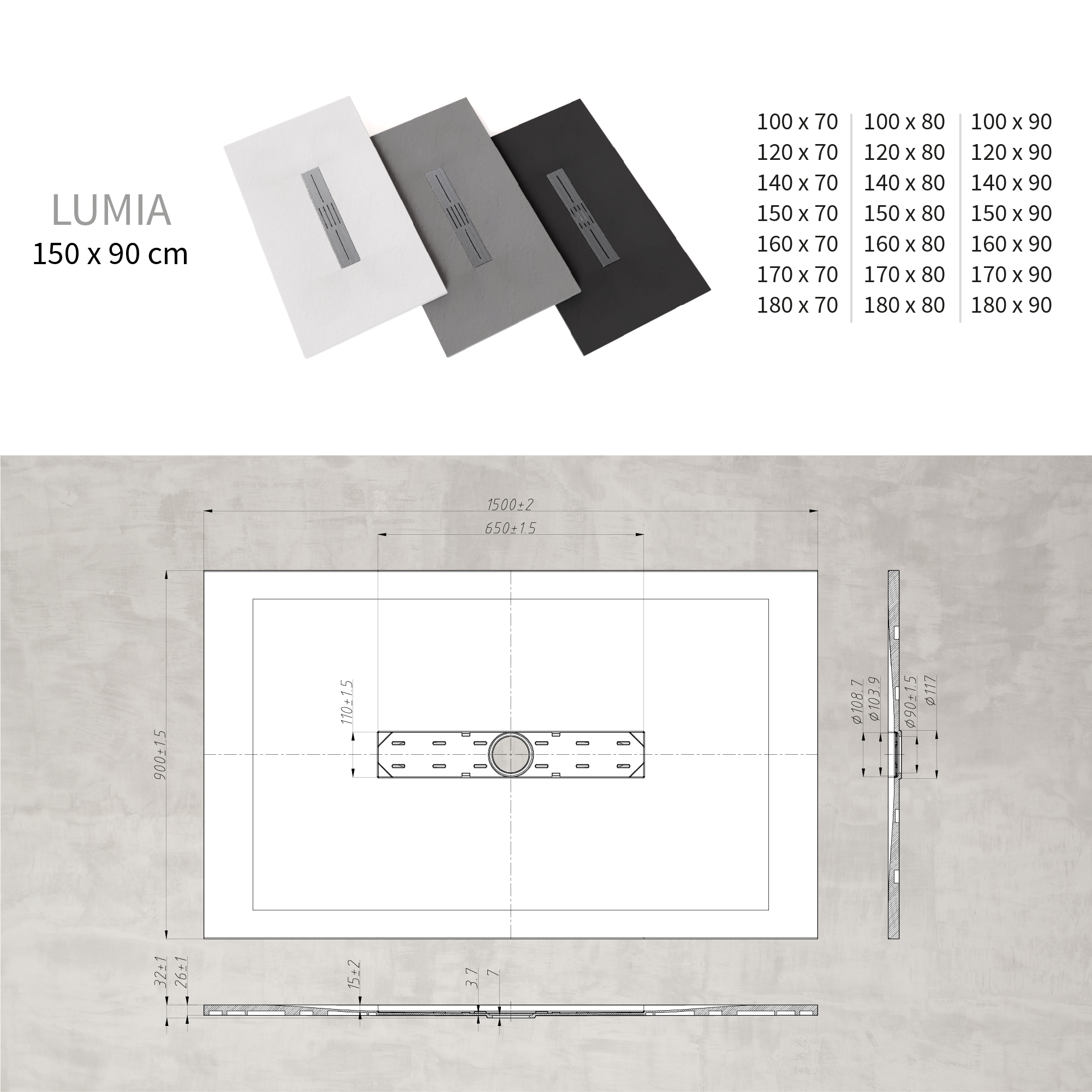 LUMIA - Base de Duche Branca Antiderrapante, Resistente, Duradouro - Inc. Sifão e Grelha de Inox