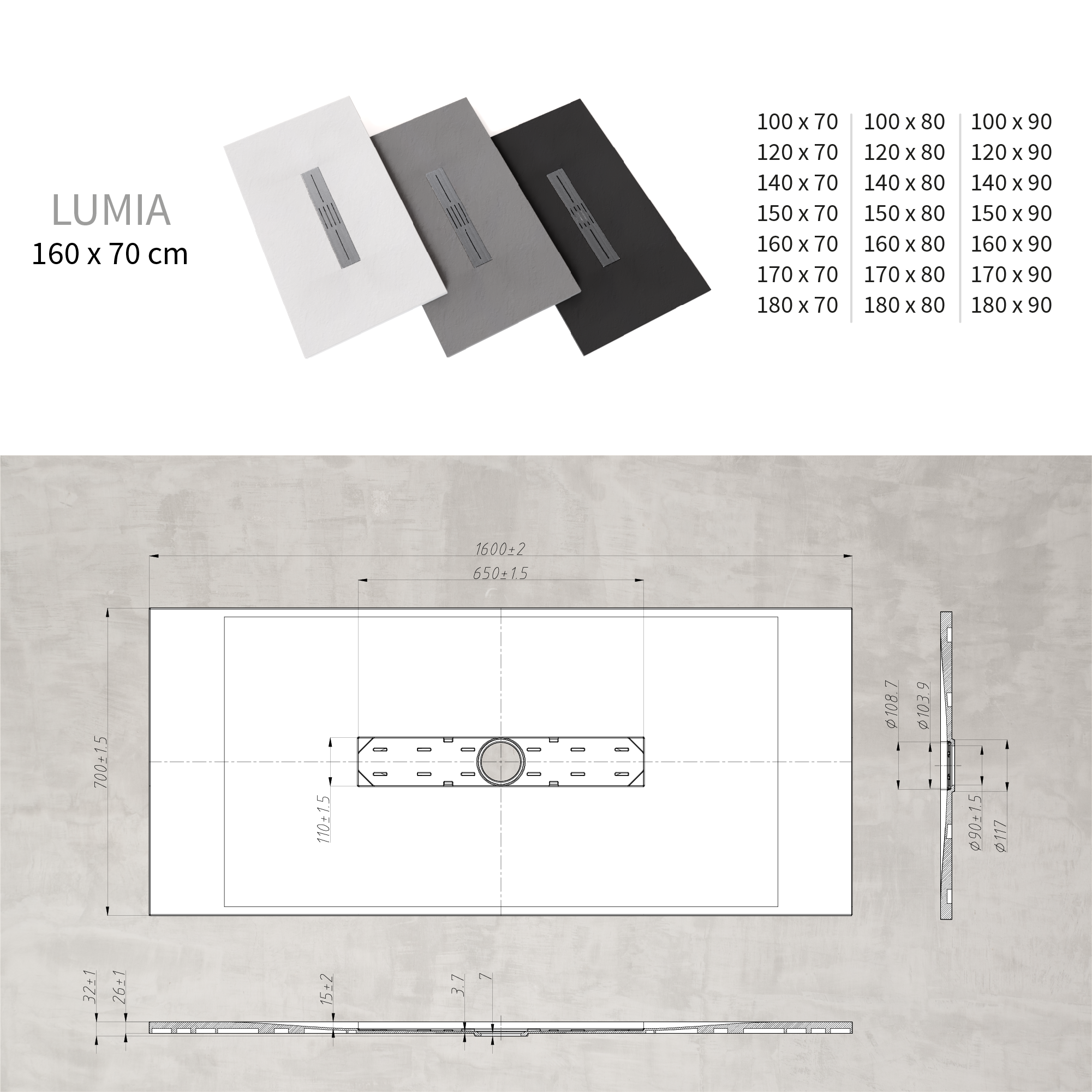 LUMIA - Base de Duche Cinzenta Antiderrapante, Resistente, Duradouro - Inc. Sifão e Grelha de Inox