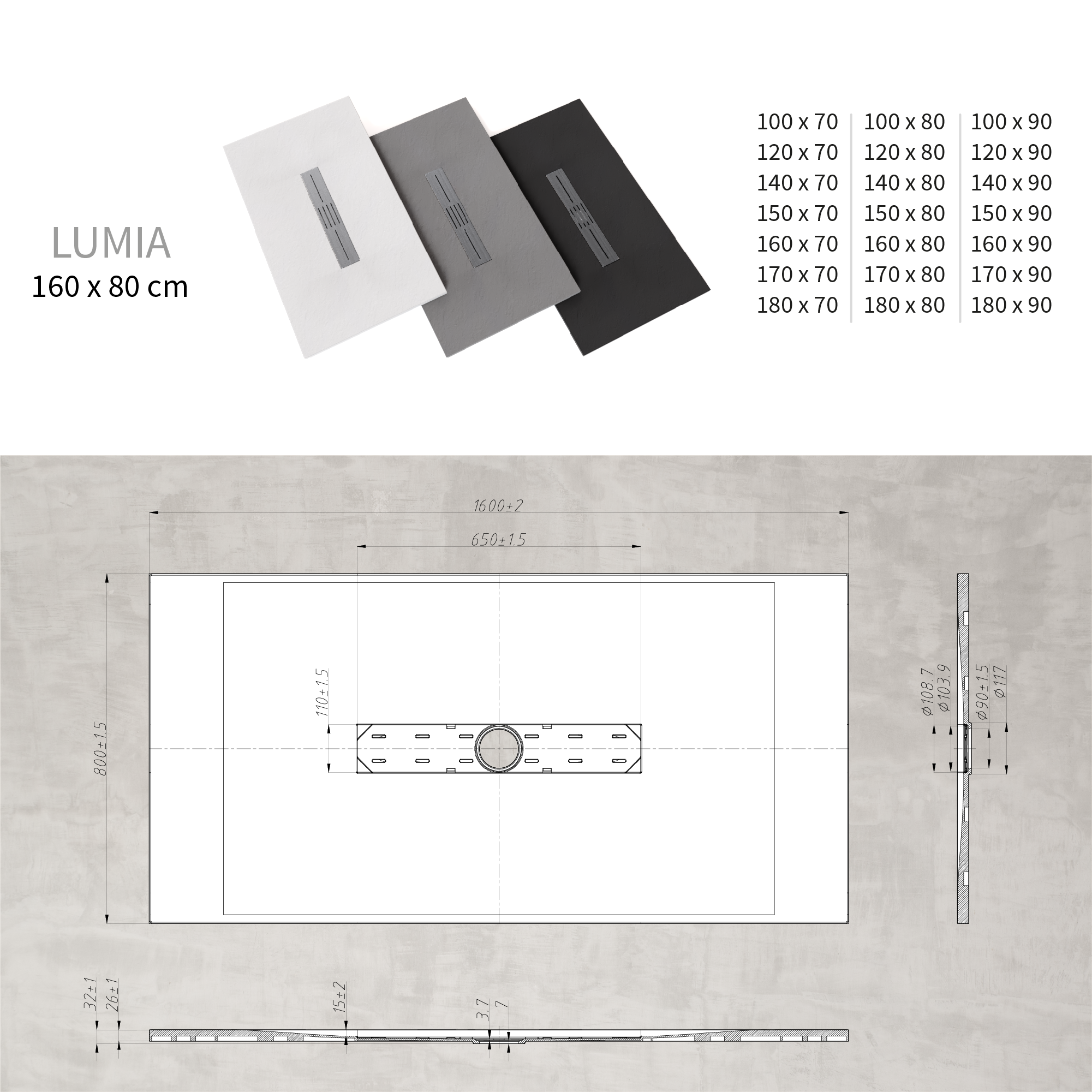 LUMIA - Base de Duche Cinzenta Antiderrapante, Resistente, Duradouro - Inc. Sifão e Grelha de Inox