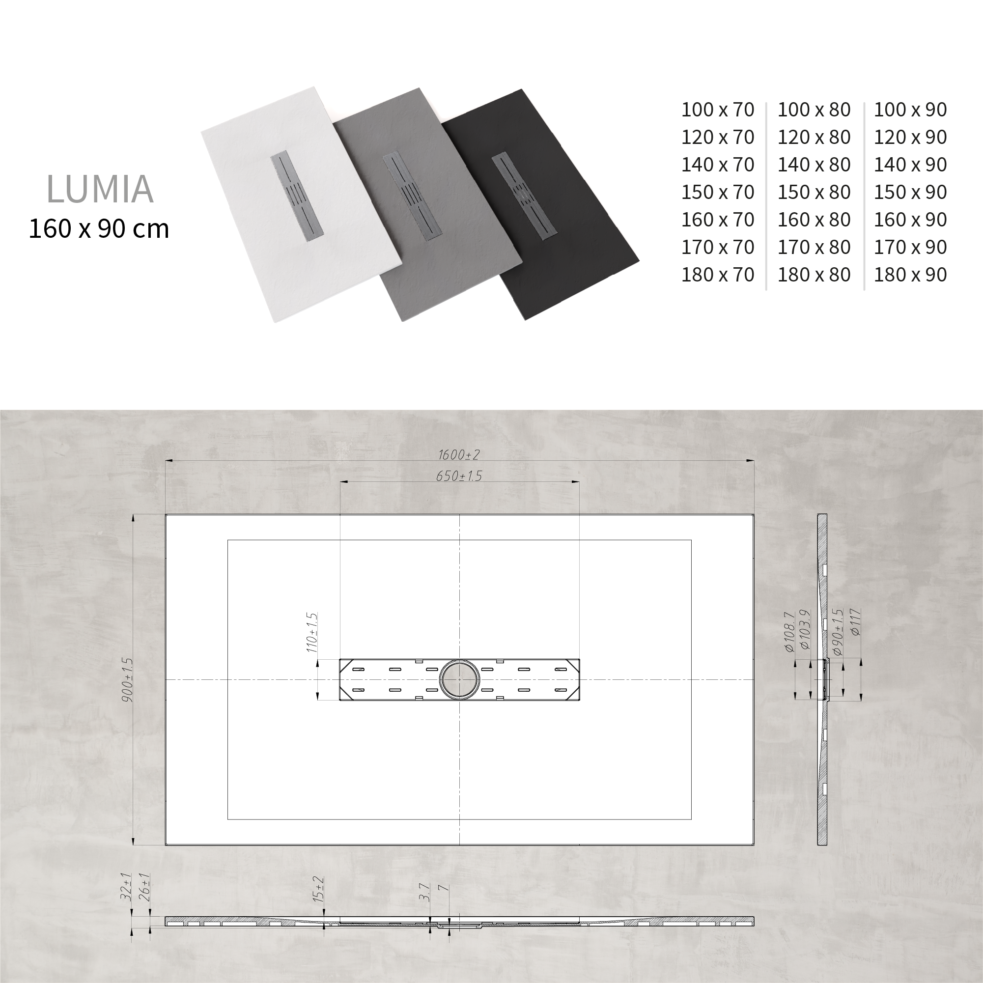 LUMIA - Base de Duche Branca Antiderrapante, Resistente, Duradouro - Inc. Sifão e Grelha de Inox