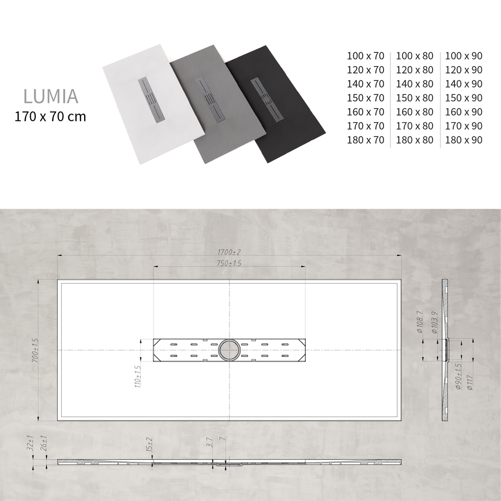 LUMIA - Base de Duche Preta Antiderrapante, Resistente, Duradouro - Inc. Sifão e Grelha de Inox