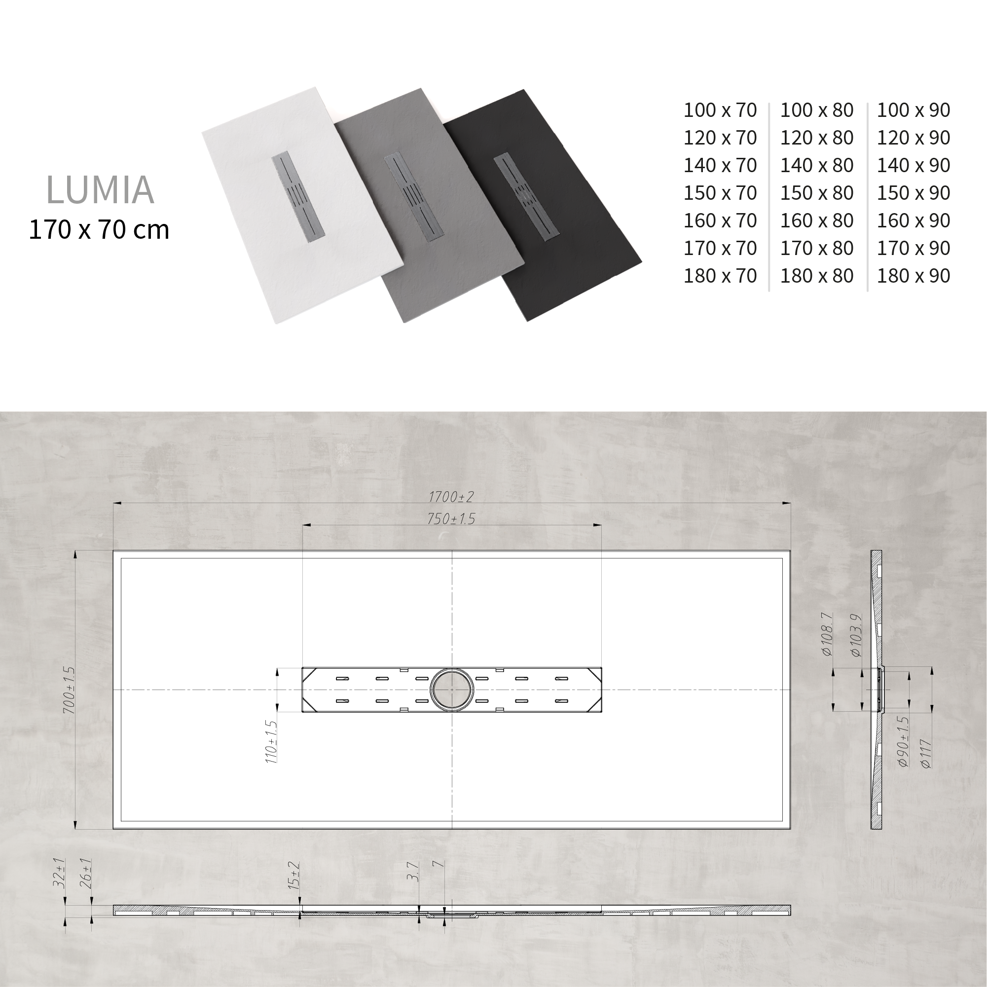 LUMIA - Base de Duche Cinzenta Antiderrapante, Resistente, Duradouro - Inc. Sifão e Grelha de Inox