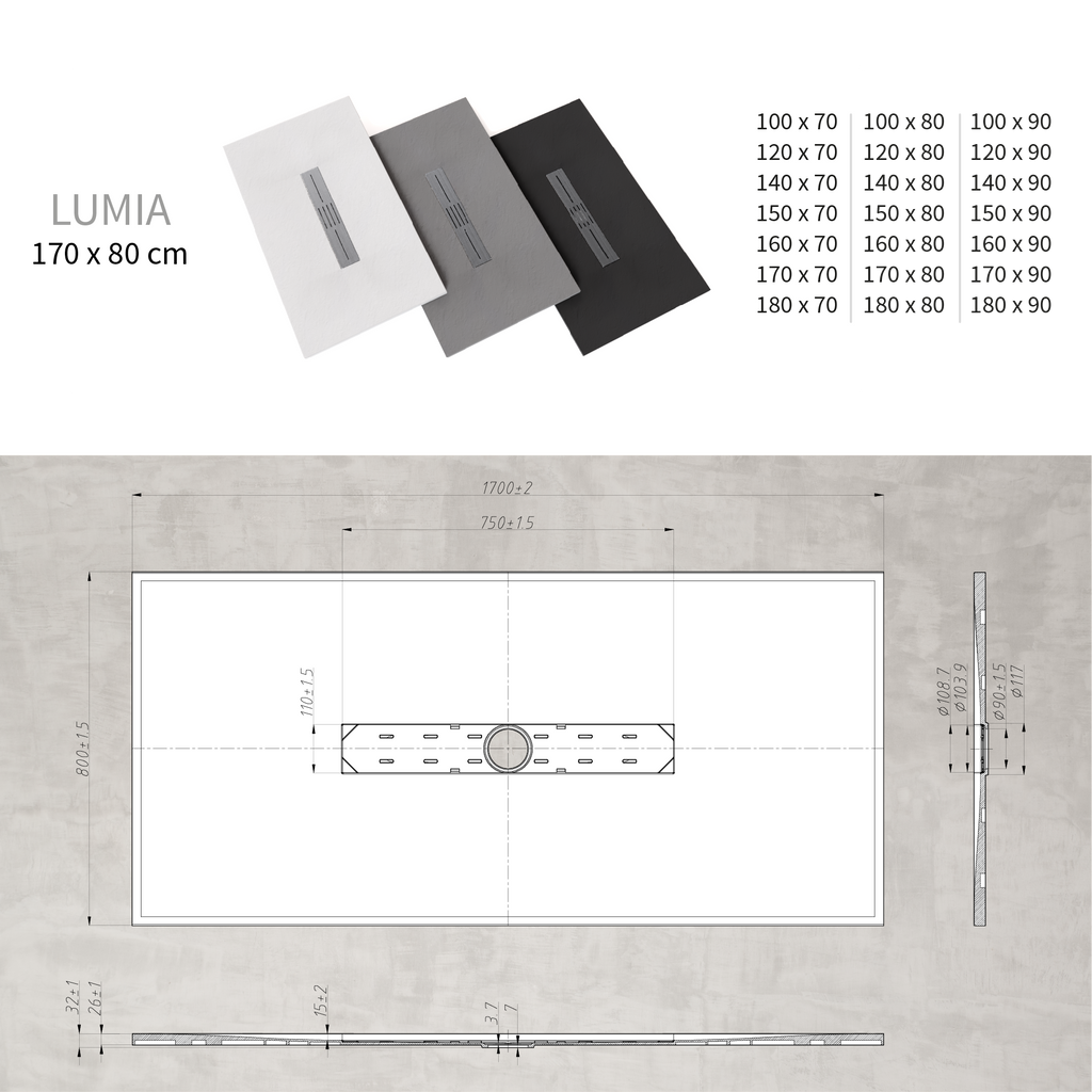 LUMIA - Base de Duche Preta Antiderrapante, Resistente, Duradouro - Inc. Sifão e Grelha de Inox