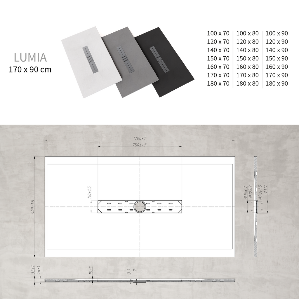 LUMIA - Base de Duche Preta Antiderrapante, Resistente, Duradouro - Inc. Sifão e Grelha de Inox