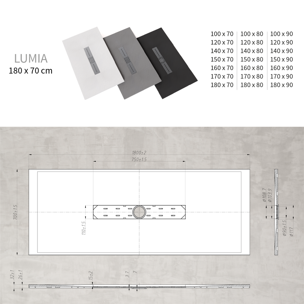 LUMIA - Base de Duche Preta Antiderrapante, Resistente, Duradouro - Inc. Sifão e Grelha de Inox