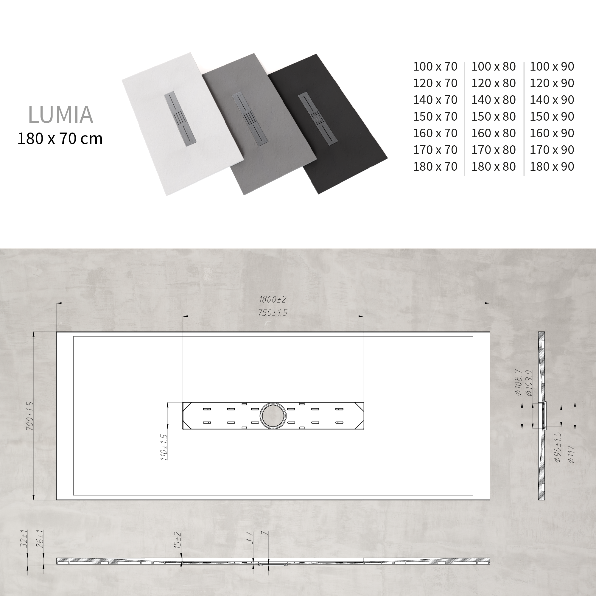 LUMIA - Base de Duche Preta Antiderrapante, Resistente, Duradouro - Inc. Sifão e Grelha de Inox
