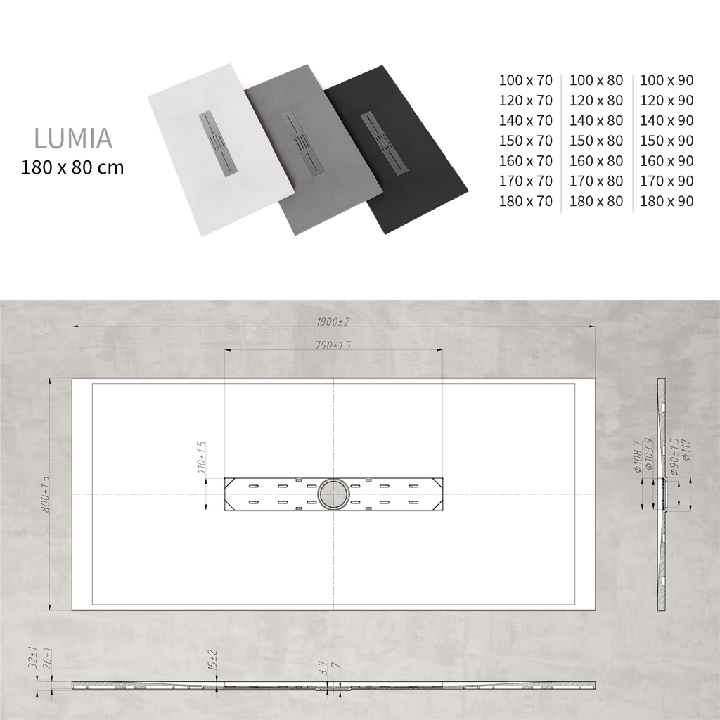 LUMIA - Base de Duche Branca Antiderrapante, Resistente, Duradouro - Inc. Sifão e Grelha de Inox
