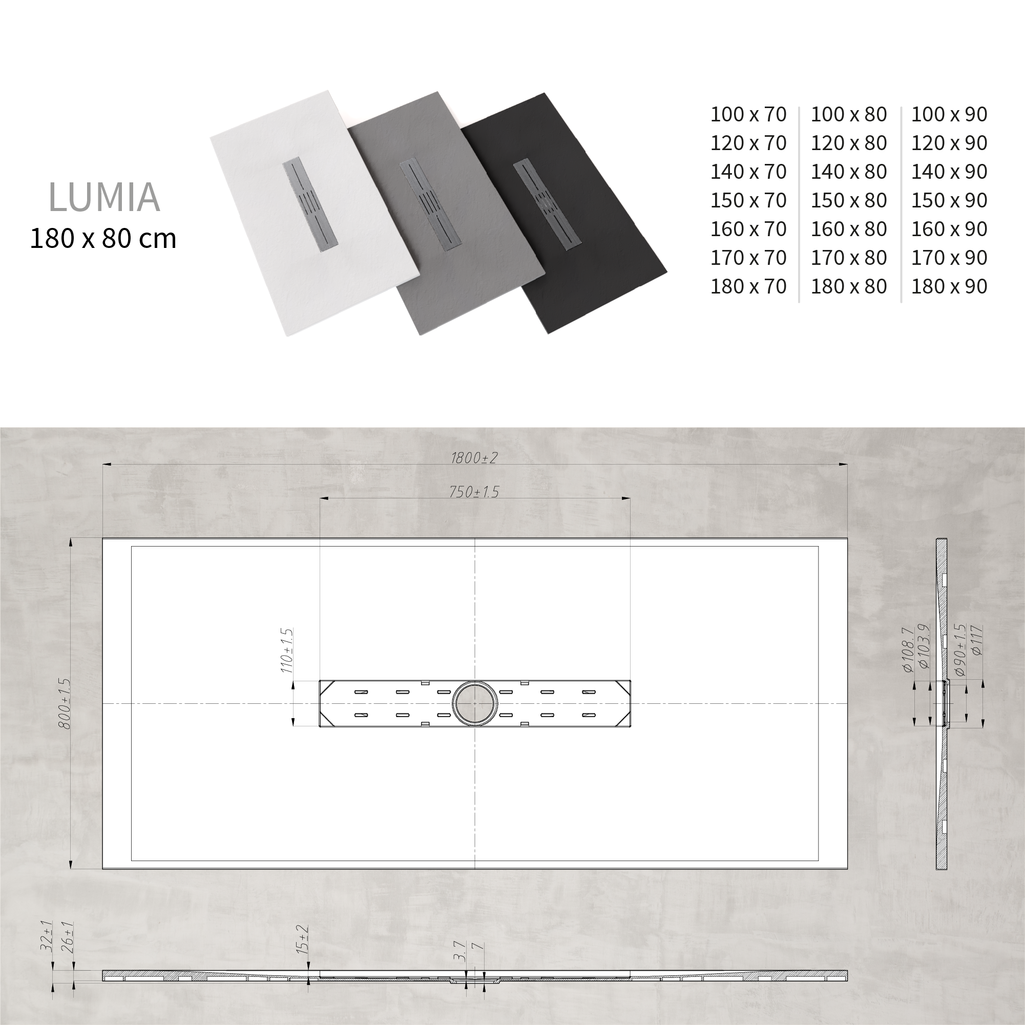 LUMIA - Base de Duche Branca Antiderrapante, Resistente, Duradouro - Inc. Sifão e Grelha de Inox