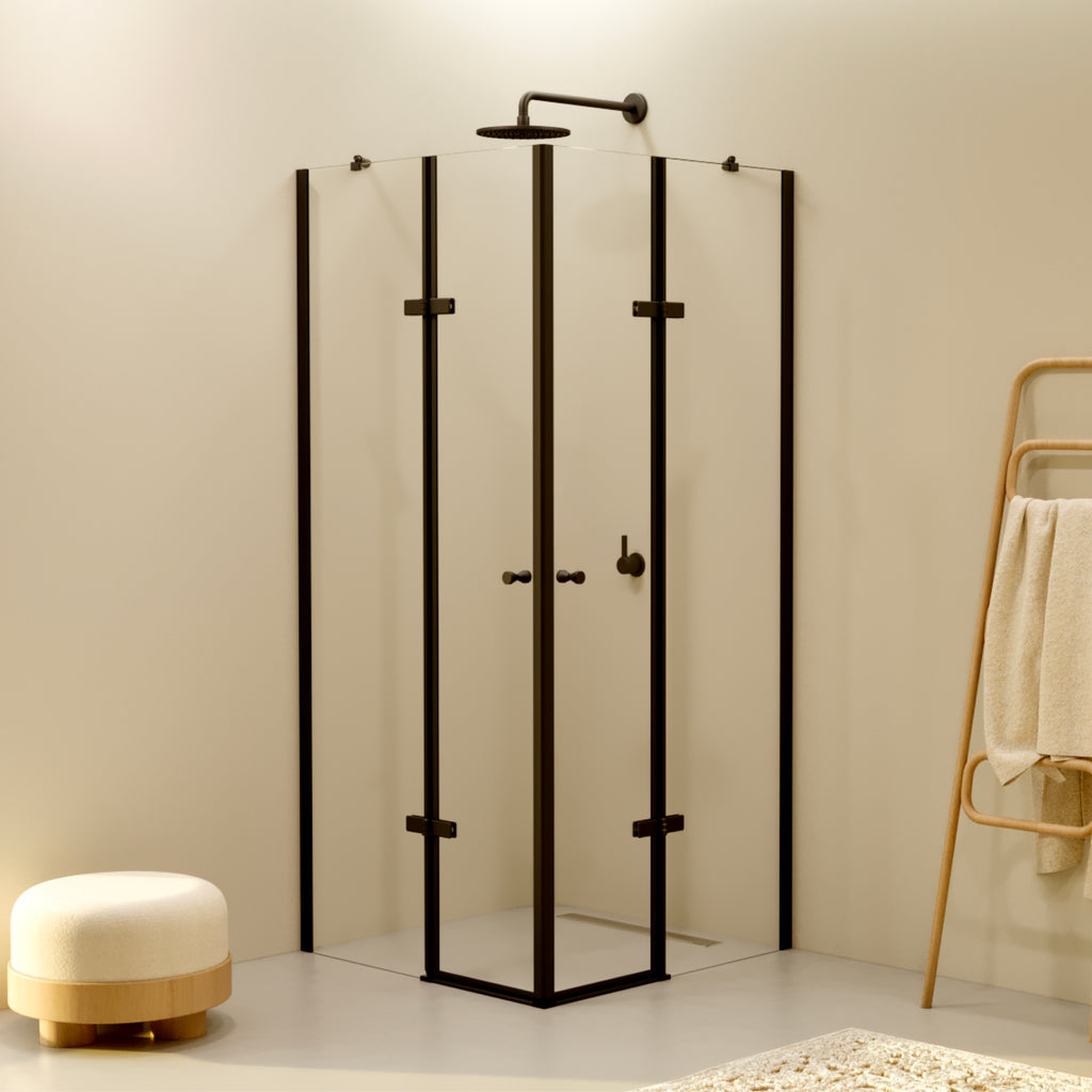 ALICE - Cabine de duche de canto com portas articuladas em vidro temperado e perfis pretos