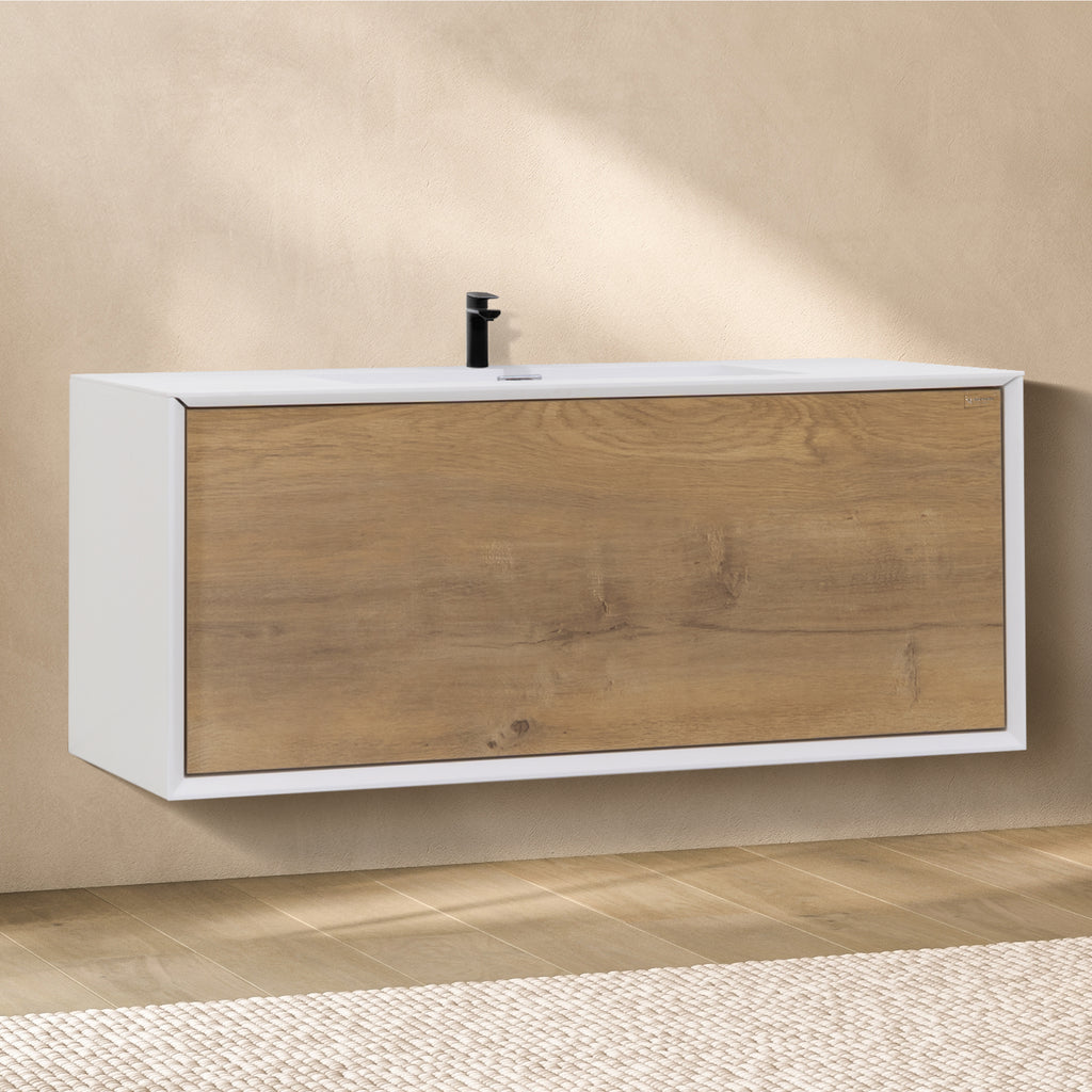 Hebe – Móvel de Lavatório Suspenso 90 cm Branco Mate/Carvalho com Soft-Close