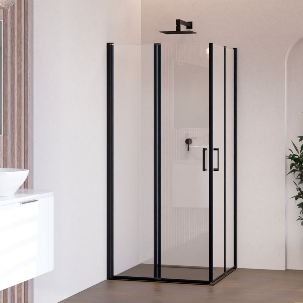 ALINA - Cabine de duche de entrada de canto com portas dobráveis em vidro temperado e perfis pretos