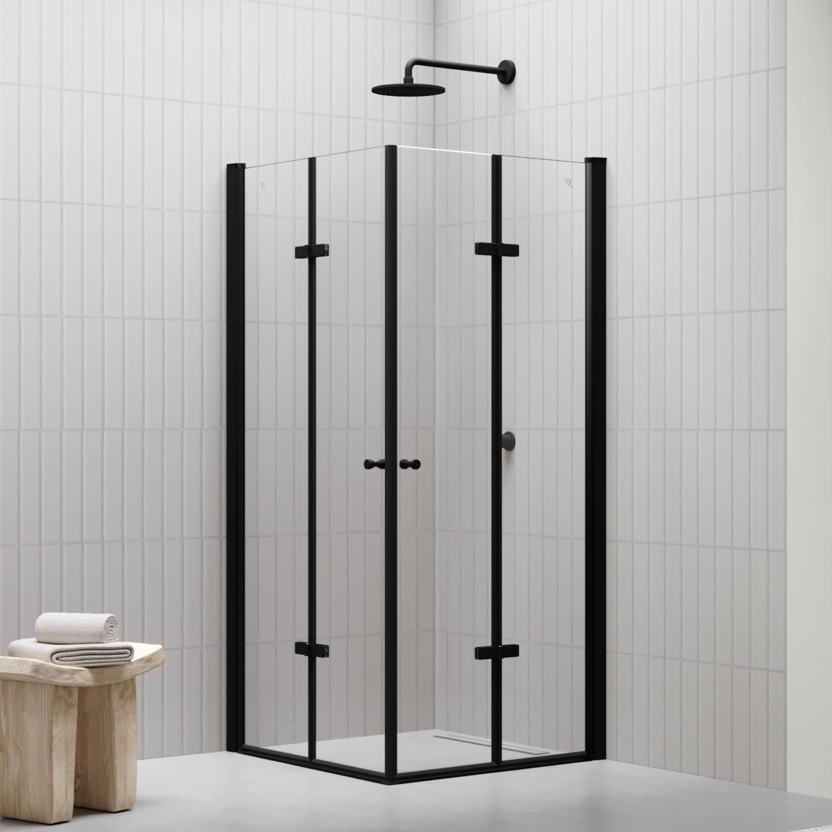 EMMA - Cabine de Duche (70-120 cm x 180-190 cm) com Vidro Transparente 6mm - Entrada de Canto, Portas articuladas e Perfis em Preto