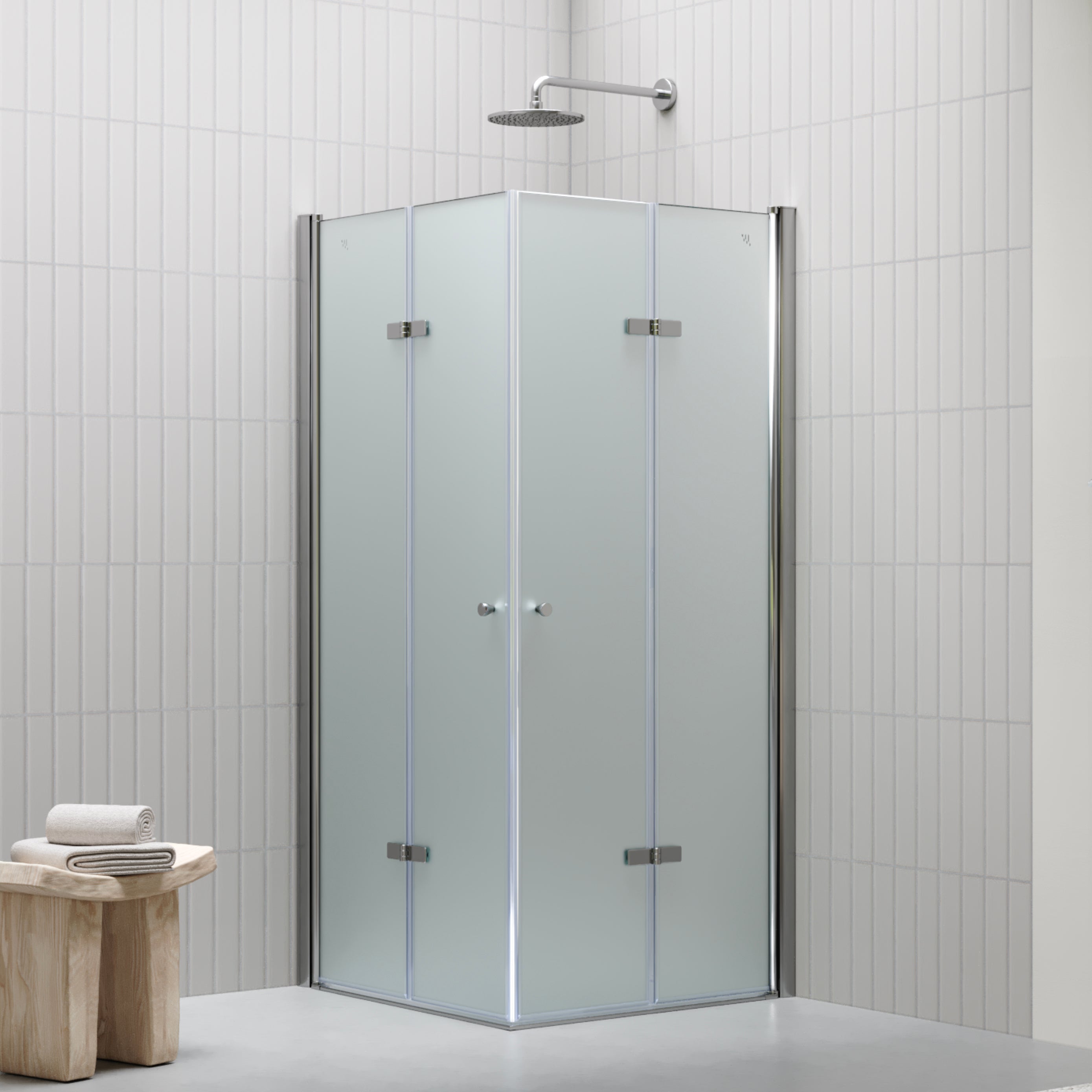EMMA - Cabine de Duche (70-120 cm x 180-190 cm) com Vidro Fosco 6mm - Entrada de Canto, Portas articuladas e Perfis em Inox