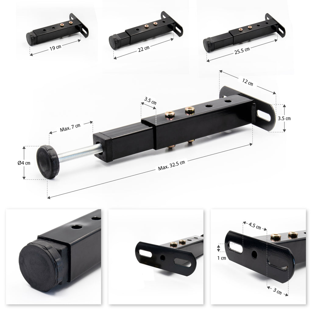 Pé metálico em T regulável 19–32,5 cm para móveis, até 180 kg, preto